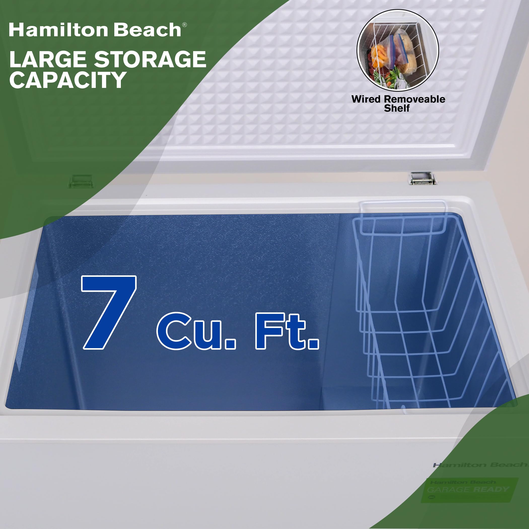 Hamilton Beach HBFRF2129 21 cu ft Double Door LID Garage-Ready Chest Freezer-White, Vinyl-Coated Baskets, Space-Saving Flat Back, Stay-Open, Front-Access Drain, for Storage, Hunting, Large Family