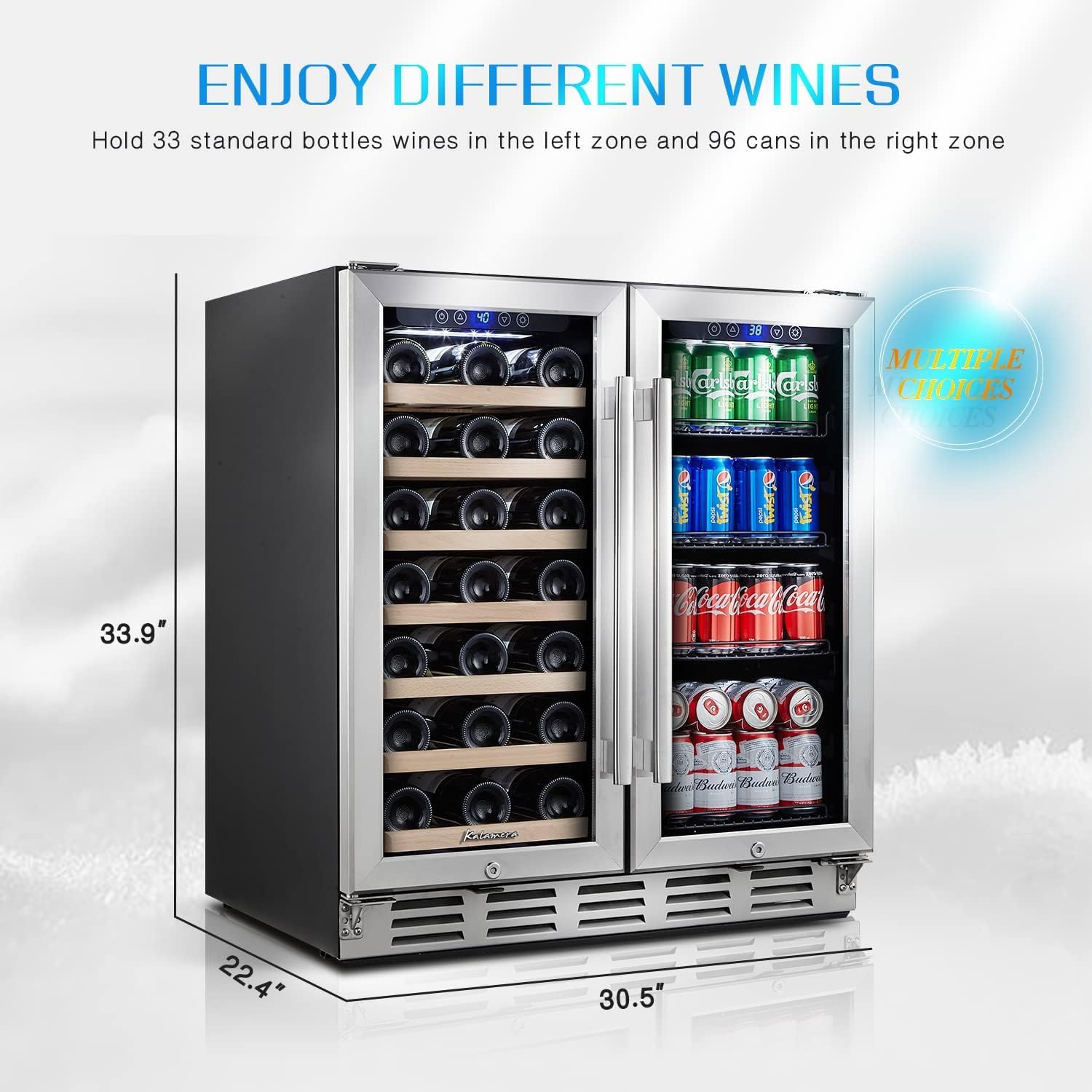 Kalamera 24 inch Wine Cooler, 37 Bottle - Dual Zone Built-in or Freestanding Fridge with Stainless Steel Reversible Glass Door, for Home, Kitchen or Office