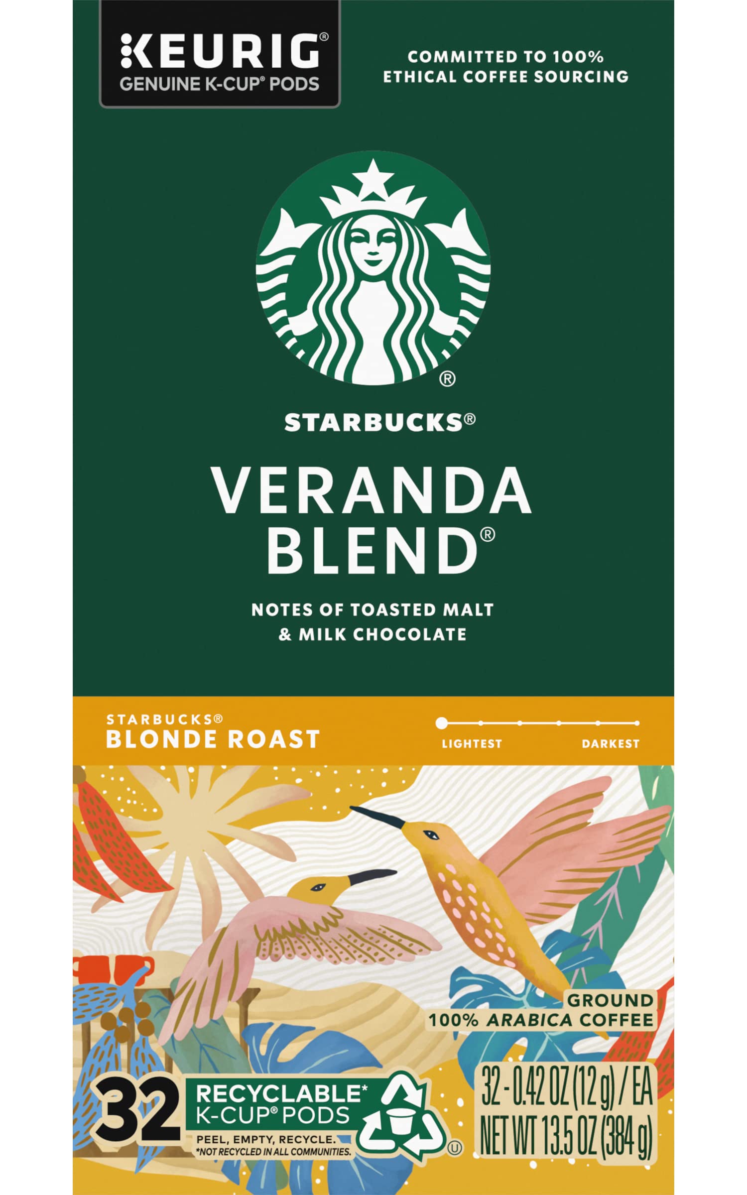 Starbucks K-Cup Coffee Pods, Starbucks Blonde Roast Hot or Iced Coffee, Veranda Blend, 96 Keurig Pods