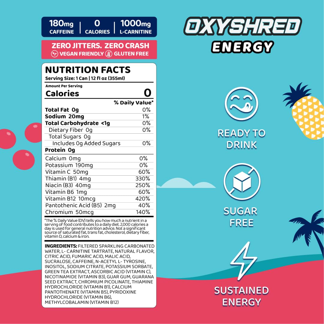 EHP Labs OxyShred Healthy Energy Drink - Zero Sugar Energy Drinks with Amino Acids, Green Tea Extract, Vitamin C & L Carnitine - Zero Carbs, Zero Calories, Clean Caffeine, Bahama Breeze (12-Pack)