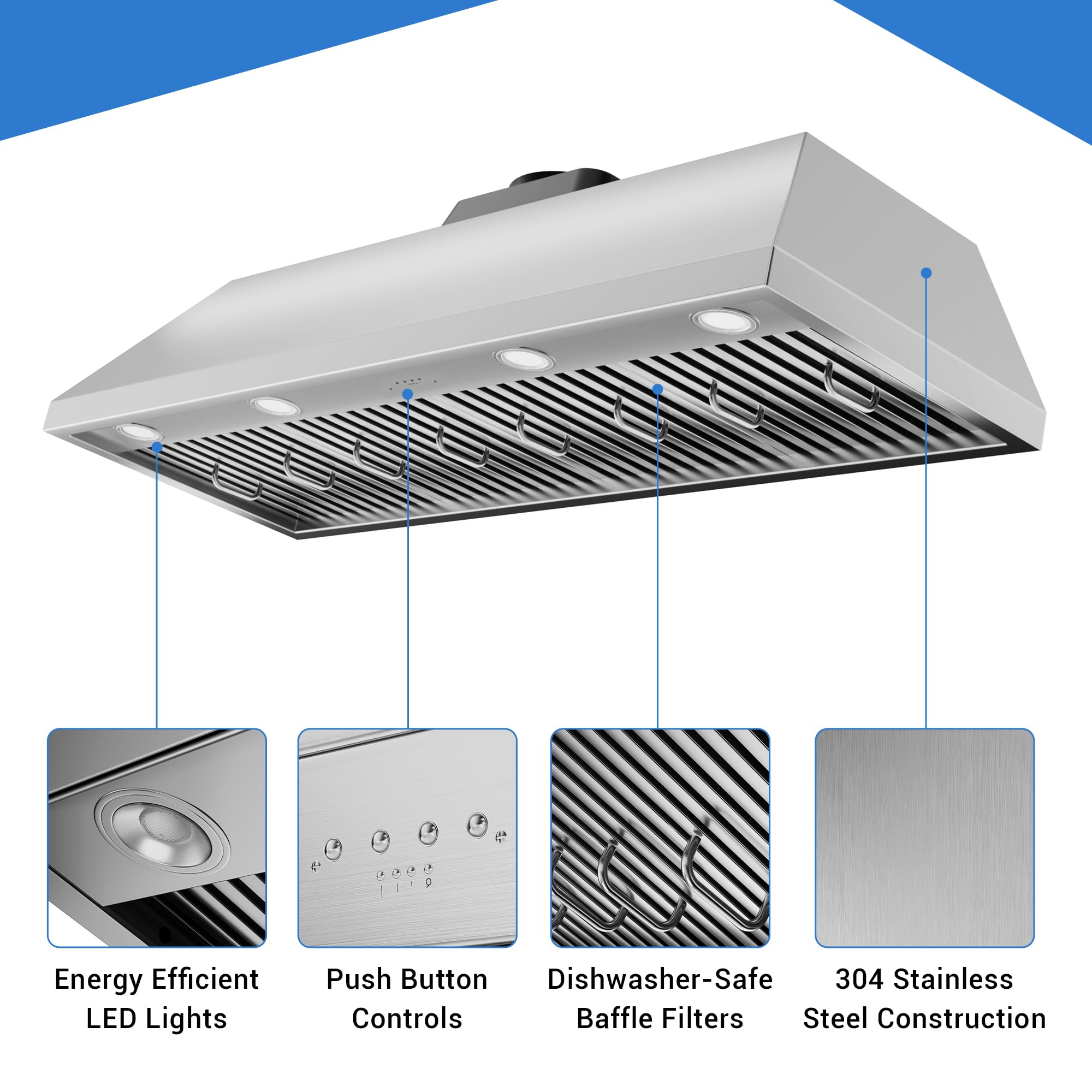 CT Copper Tailor Built-in Range Hood Insert Vent 48 Inch, 1150 CFM with 4-Speed Fan, LED Light, Dishwasher-safe Baffle Filter,Stainless Steel