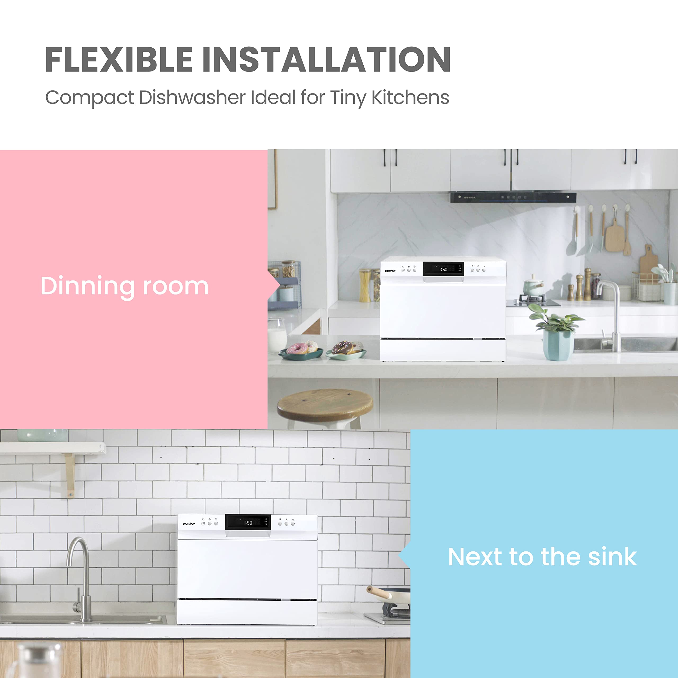 COMFEE’ Countertop Dishwasher, Energy Star Portable Dishwasher, 6 Place Settings & 8 Washing Programs, Speed, Baby-Care, ECO& Glass, Dish Washer for Dorm, RV& Apartment, Black
