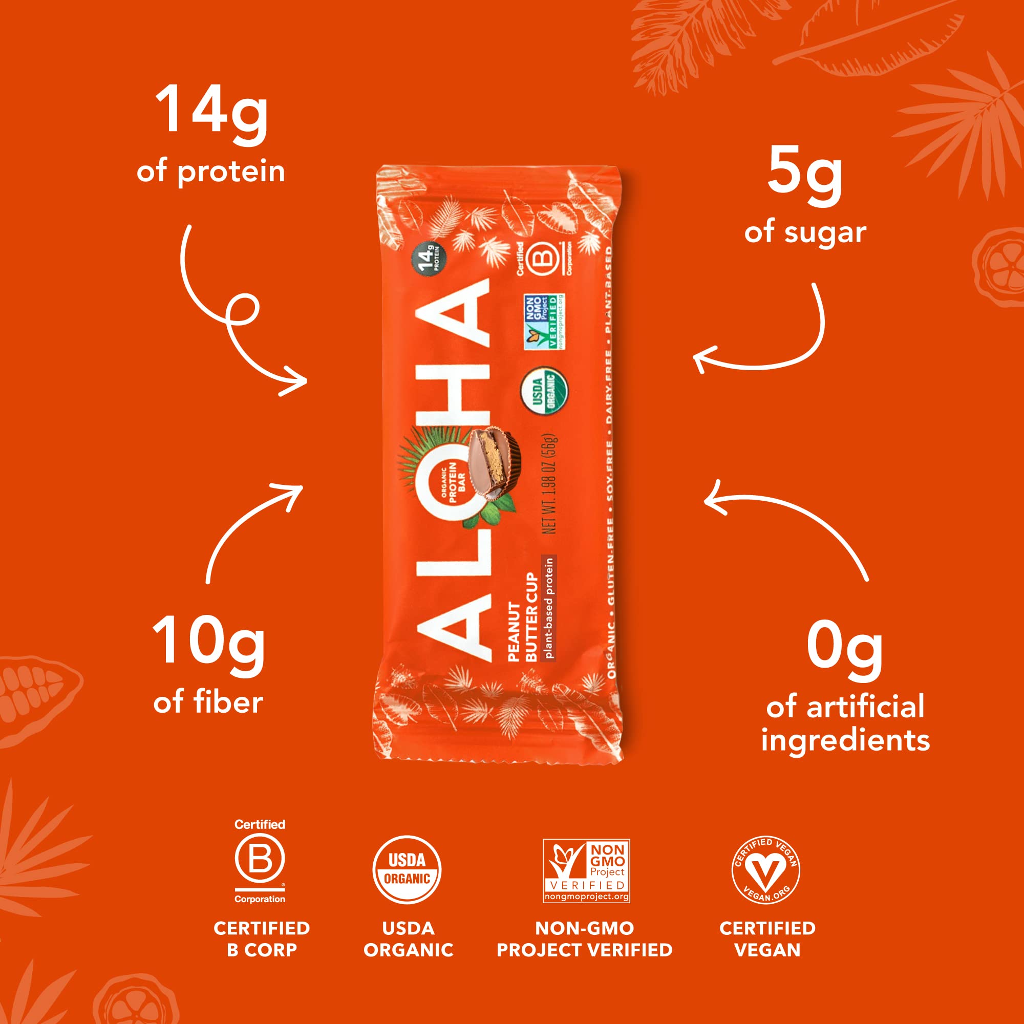 ALOHA Organic Plant Based Protein Bars |Peanut Butter Chocolate Chip | 1.98 Oz (Pack of 12) | Vegan, Low Sugar, Gluten Free, Paleo, Low Carb, Non-GMO, Stevia Free, Soy Free, No Sugar Alcohols