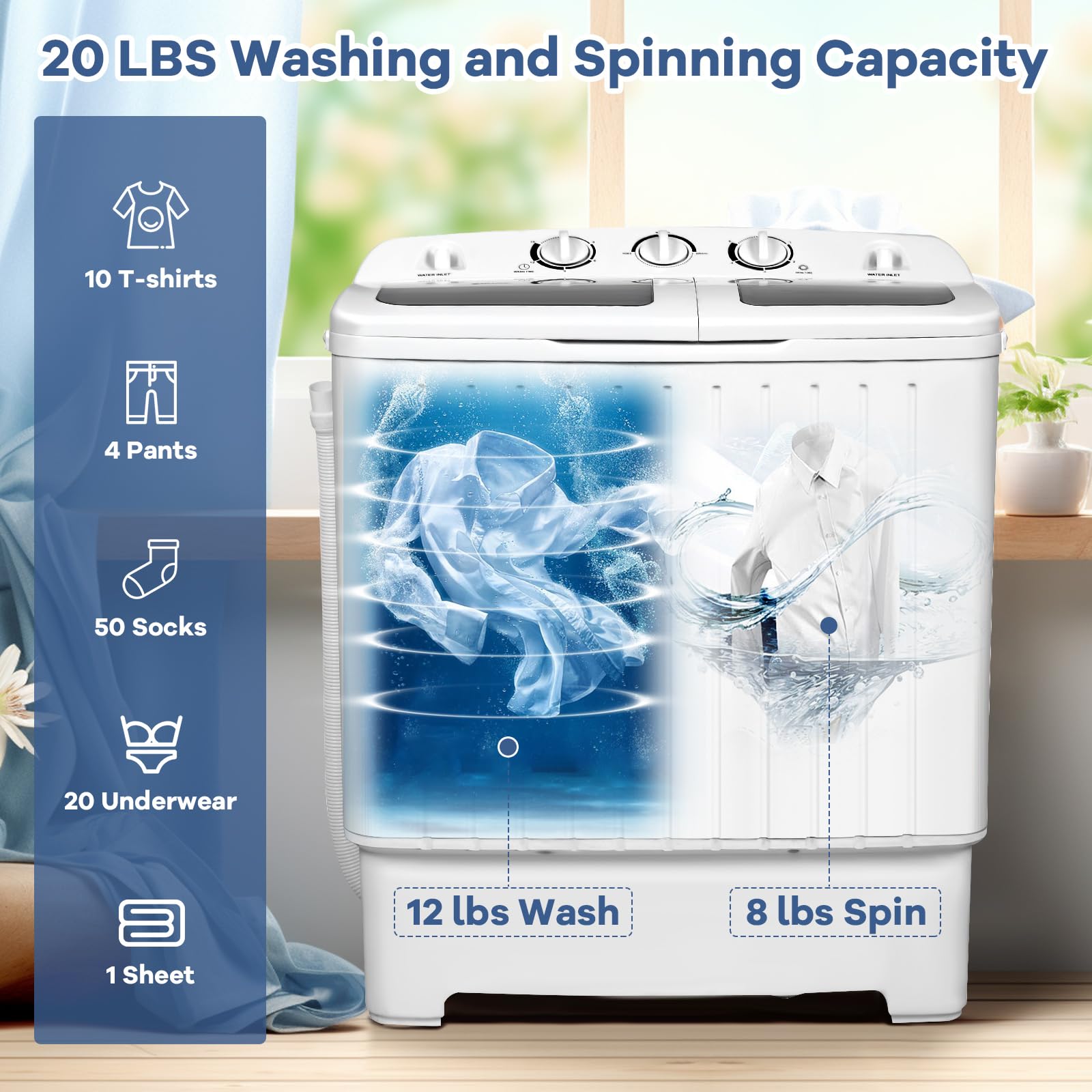 Giantex Portable Mini Compact Twin Tub Washing Machine 20lbs Washer Spain Spinner Portable Washing Machine, Blue+ White