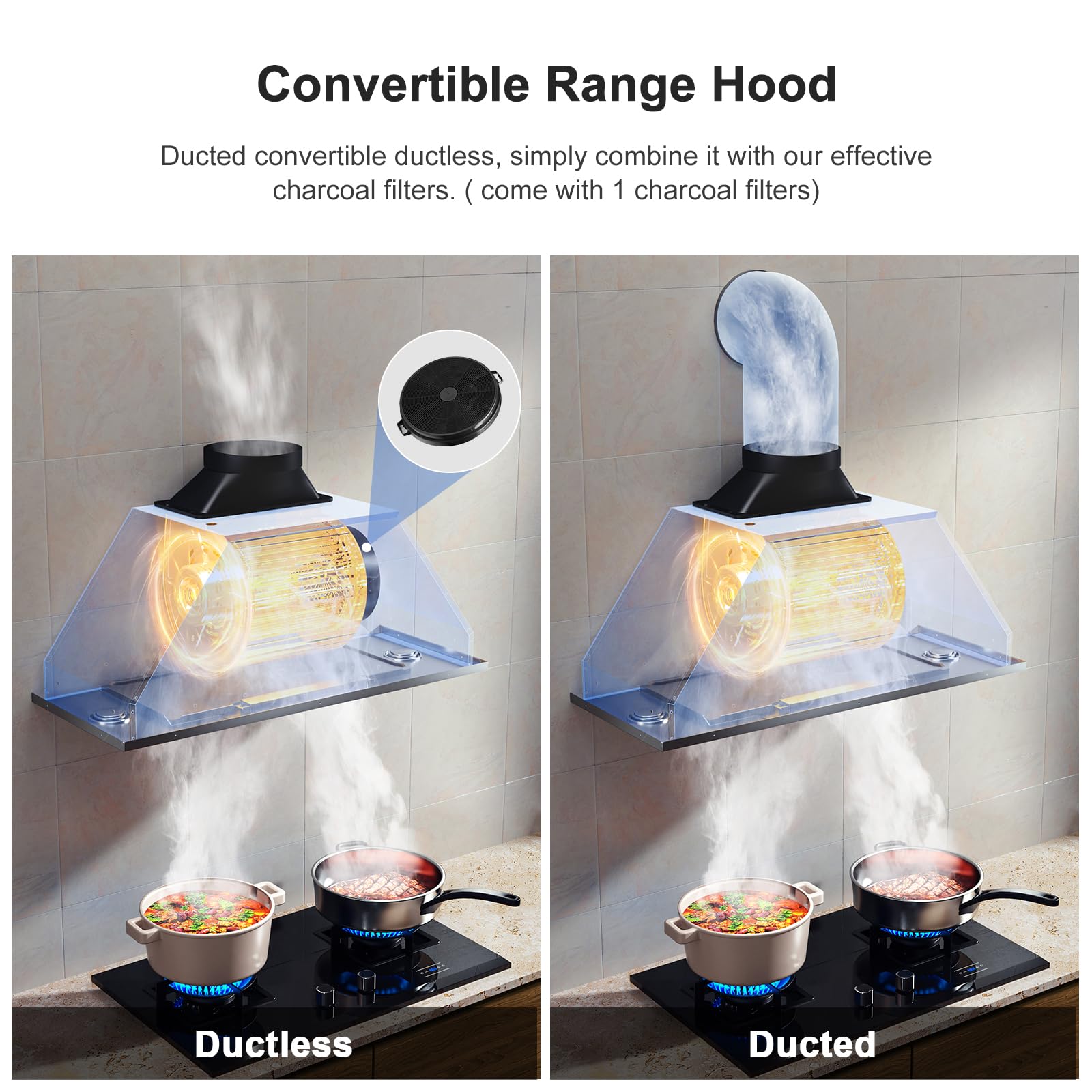 HisoHu 30 Inch Under Ducted Cabinet Range Hood with 1200 CFM, 4 Speed Gesture Sensing Kitchen Exhaust Hood & Touch Control Panel, Stainless Steel Stove Vent Hood with 2 LED Lights