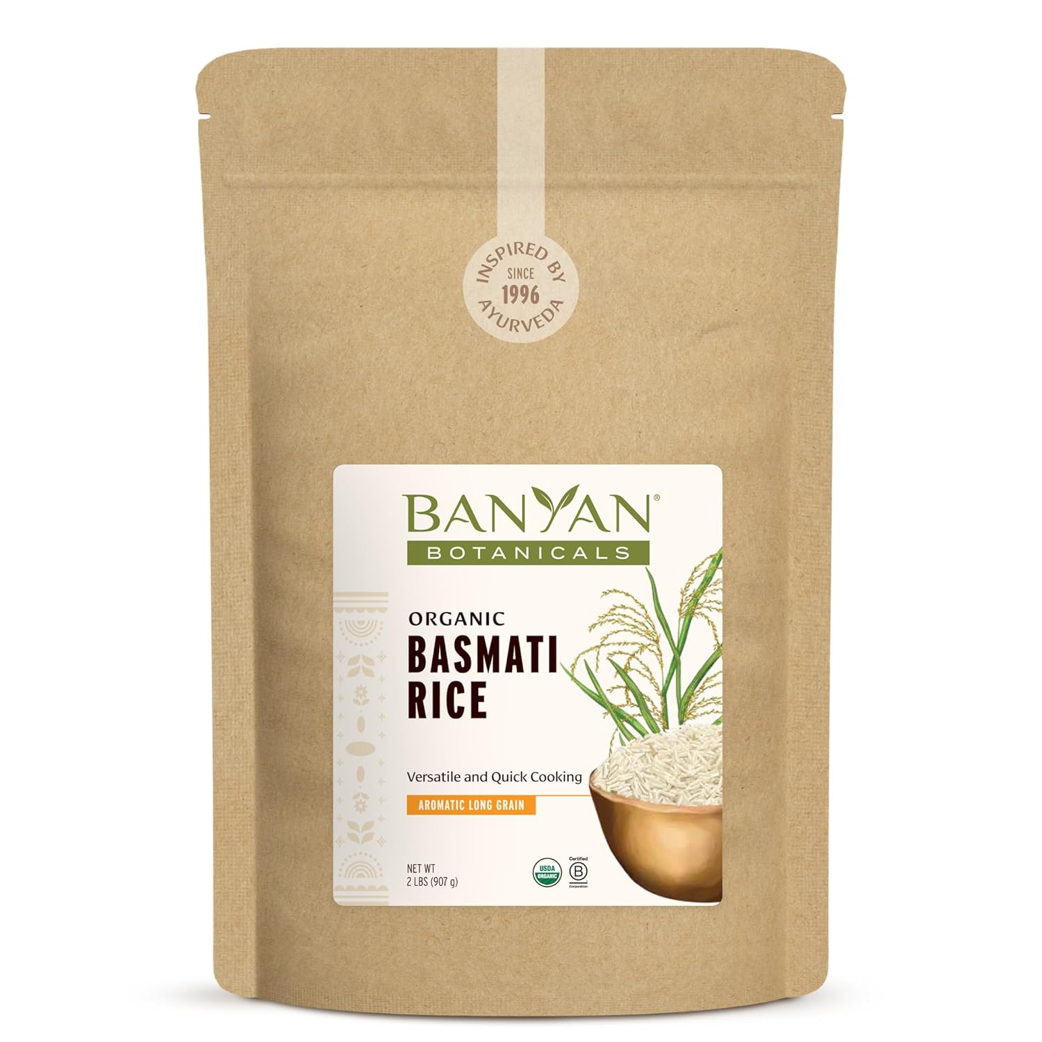 Banyan Botanicals White Basmati Rice – Organic & Pure Basmati Rice for Cooking Healthy Meals and Making Kitchari – With Resealable Zipper Bag – 2 lbs – Non-GMO Sustainably Sourced Vegan