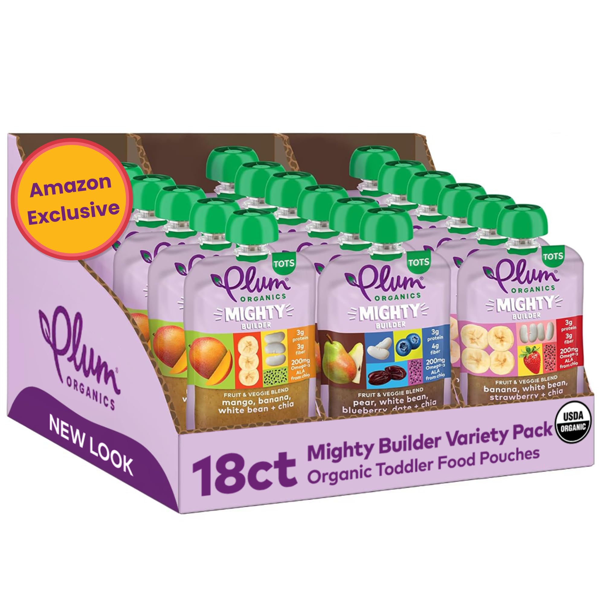 Plum Organics Variety Pack, 12+ Months – Toddler’s Flavor Expedition – Mighty Builder Organic Fruit & Veggie Pouches – 4 oz Pouch, Pack of 18 (Amazon Exclusive)