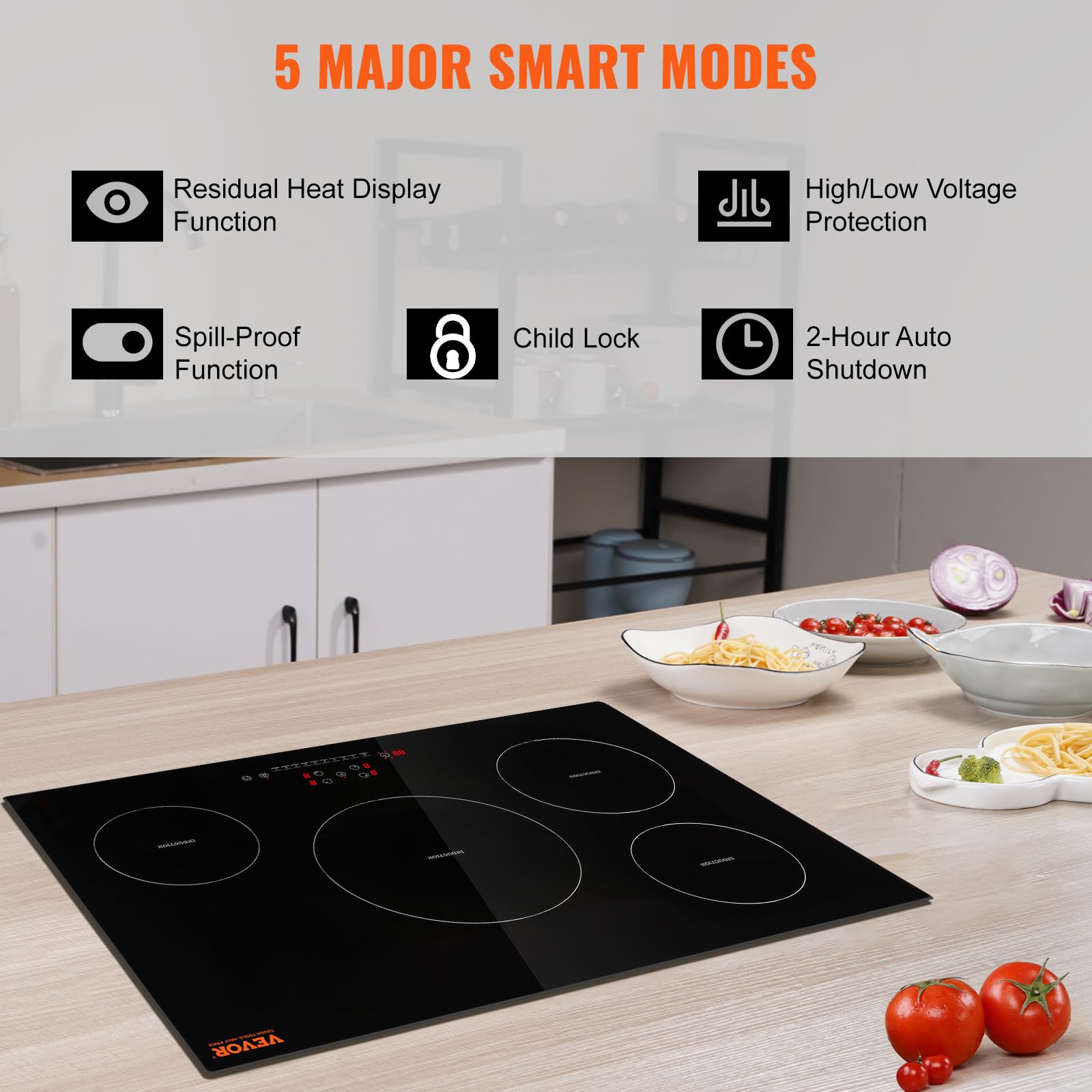 VEVOR Built-in Induction Electric Stove Top 30 Inch,5 Burners Electric Cooktop,9 Power Levels & Sensor Touch Control,Easy to Clean Ceramic Glass Surface,Child Safety Lock,240V