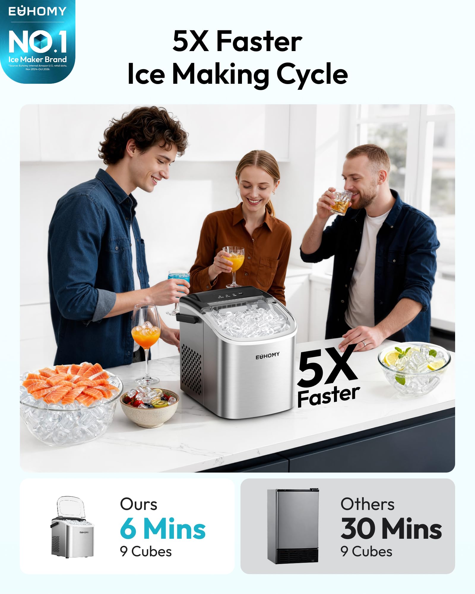 EUHOMY Countertop Ice Maker Machine with Handle, 26lbs in 24Hrs, 9 Ice Cubes Ready in 6 Mins, Auto-Cleaning Portable Ice Maker with Basket and Scoop, for Home/Kitchen/Camping/RV. (Black)