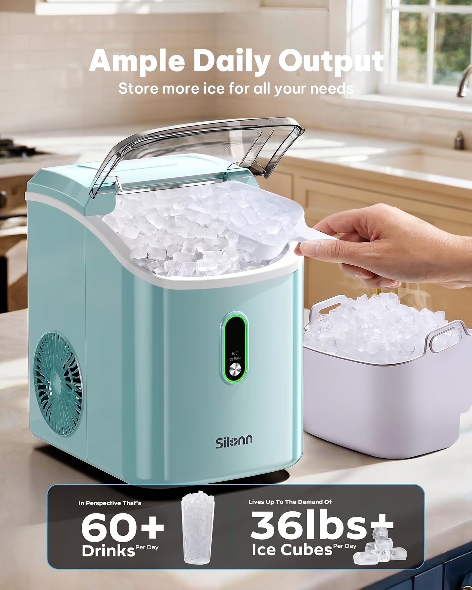 Nugget Ice Maker Countertop, Silonn Chewable Pellet Ice Machine with Self-Cleanin Function, 36lbs/24H Portable Ice Makers for Home Kitchen Officce, Black