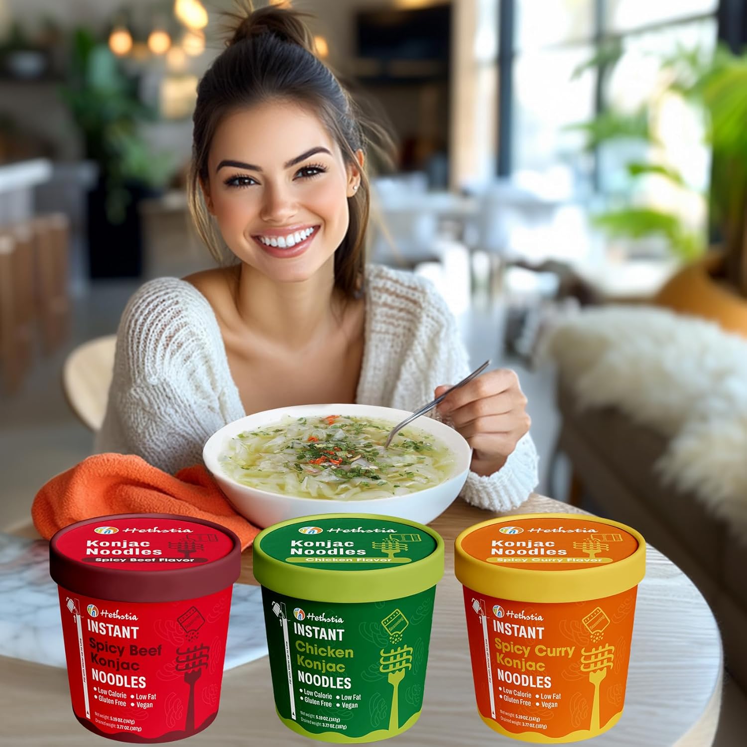 Hethstia Konjac Noodle, 6-Pack Pre-cooked Low Carb Shirataki Pho Soup Variety Flavor (Chicken, Spicy Curry, Spicy Beef)- Low-Calorie, Sugar-Free, Vegan, Gluten-Free, 34.32oz Keto-Friendly Asian Meal