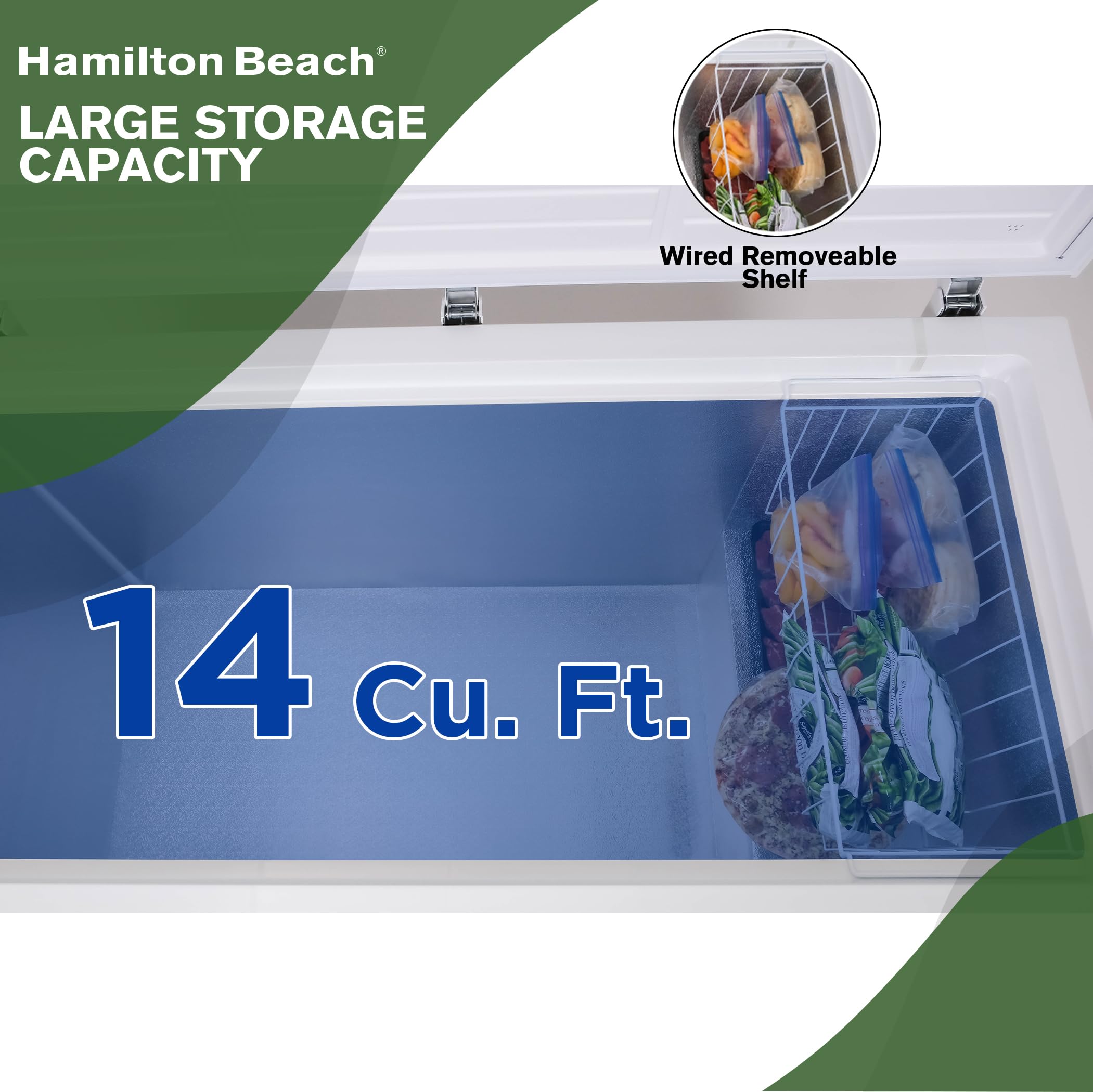 Hamilton Beach HBFRF2129 21 cu ft Double Door LID Garage-Ready Chest Freezer-White, Vinyl-Coated Baskets, Space-Saving Flat Back, Stay-Open, Front-Access Drain, for Storage, Hunting, Large Family