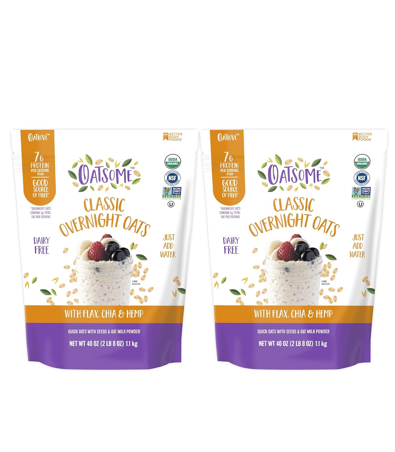 Oatsome Organic Overnight Oats with Chia, Flax, & Hemp, Gluten-Free Oatmeal with 7g of Protein, 2 lb 8 oz (40oz) Bag
