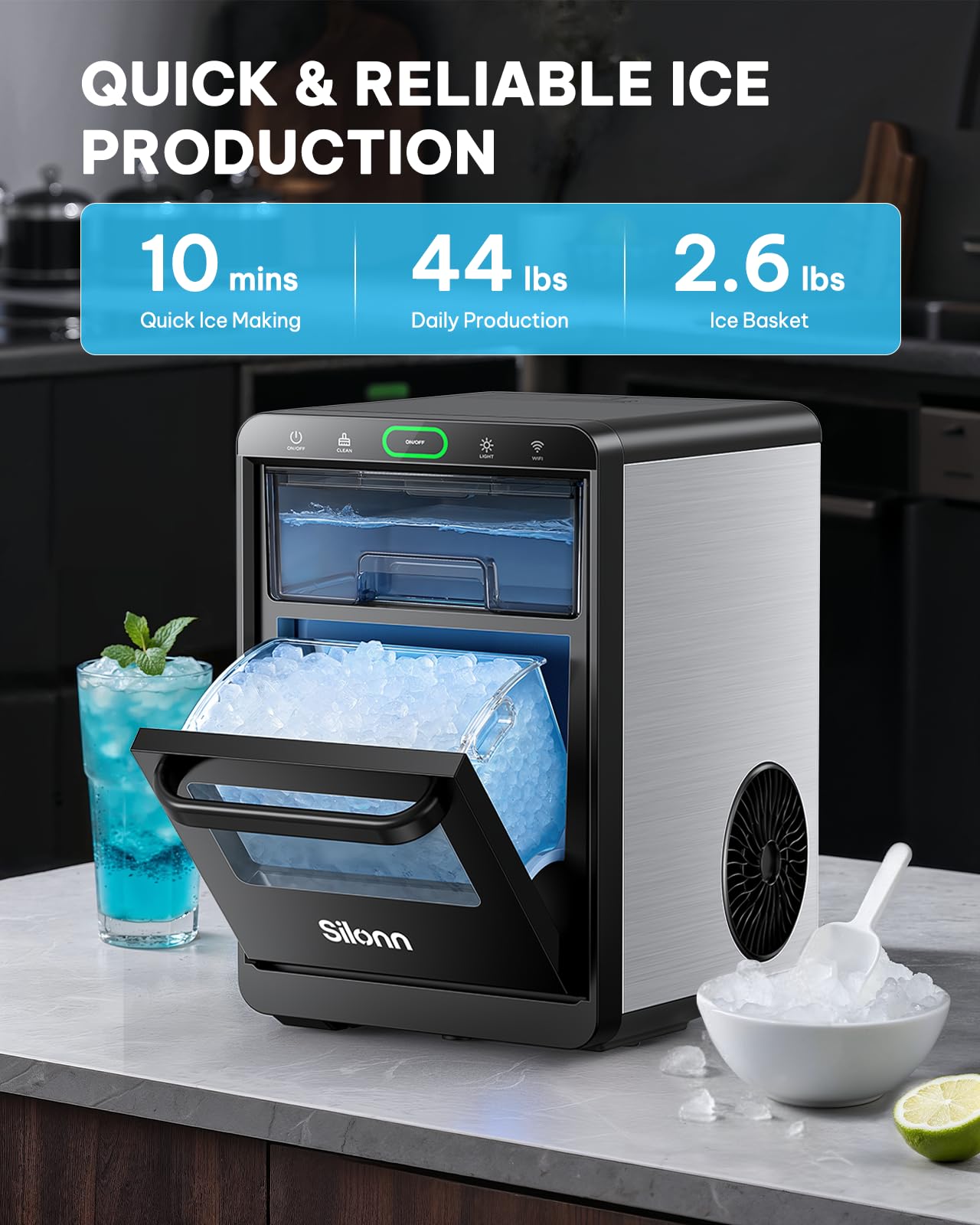 Silonn Ice Maker Countertop, Portable Ice Machine with Carry Handle, Self-Cleaning Ice Makers with Basket and Scoop, 9 Cubes in 6 Mins, 26 lbs per Day, Ideal for Home, Kitchen, Camping, RV