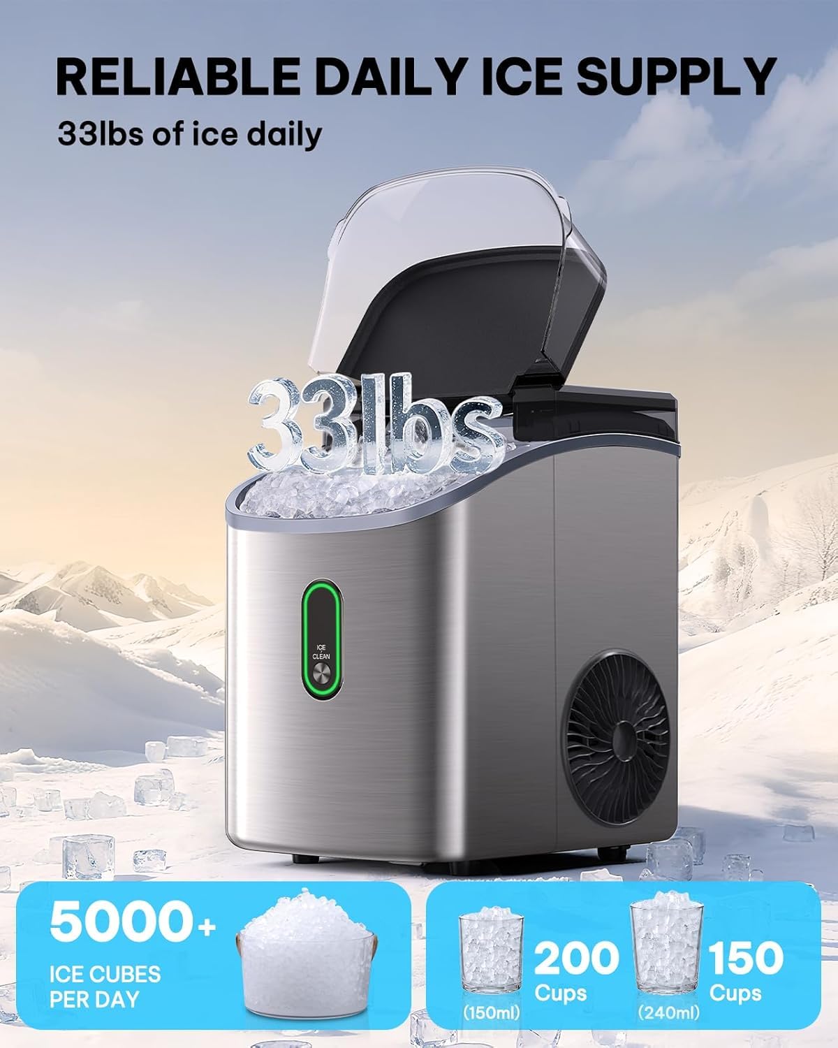 Silonn Ice Maker Countertop, Portable Ice Machine with Carry Handle, Self-Cleaning Ice Makers with Basket and Scoop, 9 Cubes in 6 Mins, 26 lbs per Day, Ideal for Home, Kitchen, Camping, RV