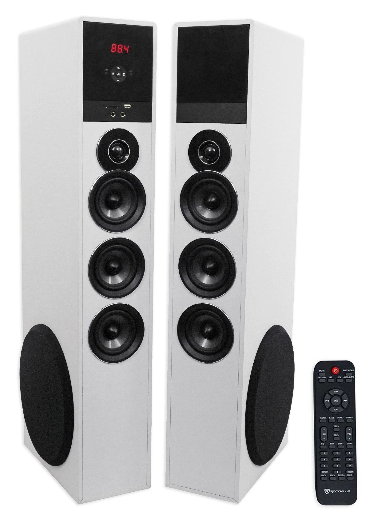 Rockville TM150D Powered Home Theater Tower Speaker System, Dark Wood, 1000W, 10" Subwoofers, Bluetooth, USB/SD Playback, FM Radio, Remote Control, Karaoke Ready, Perfect for Home Entertainment