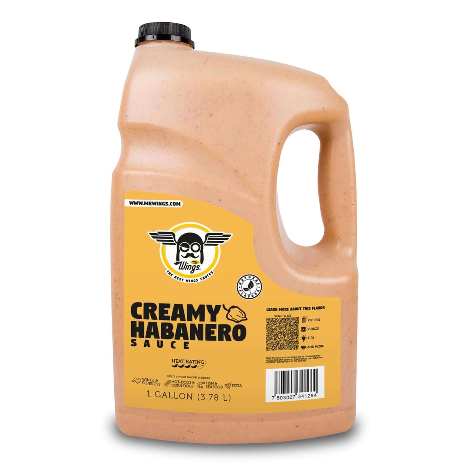 Mr Wings Sweet Mango Mild Sauce 1 Gallon (128 Fl Oz). Sweet and spicy delight, perfect for boneless, fries, drinks and your favorite snacks. Big sauce bulk.