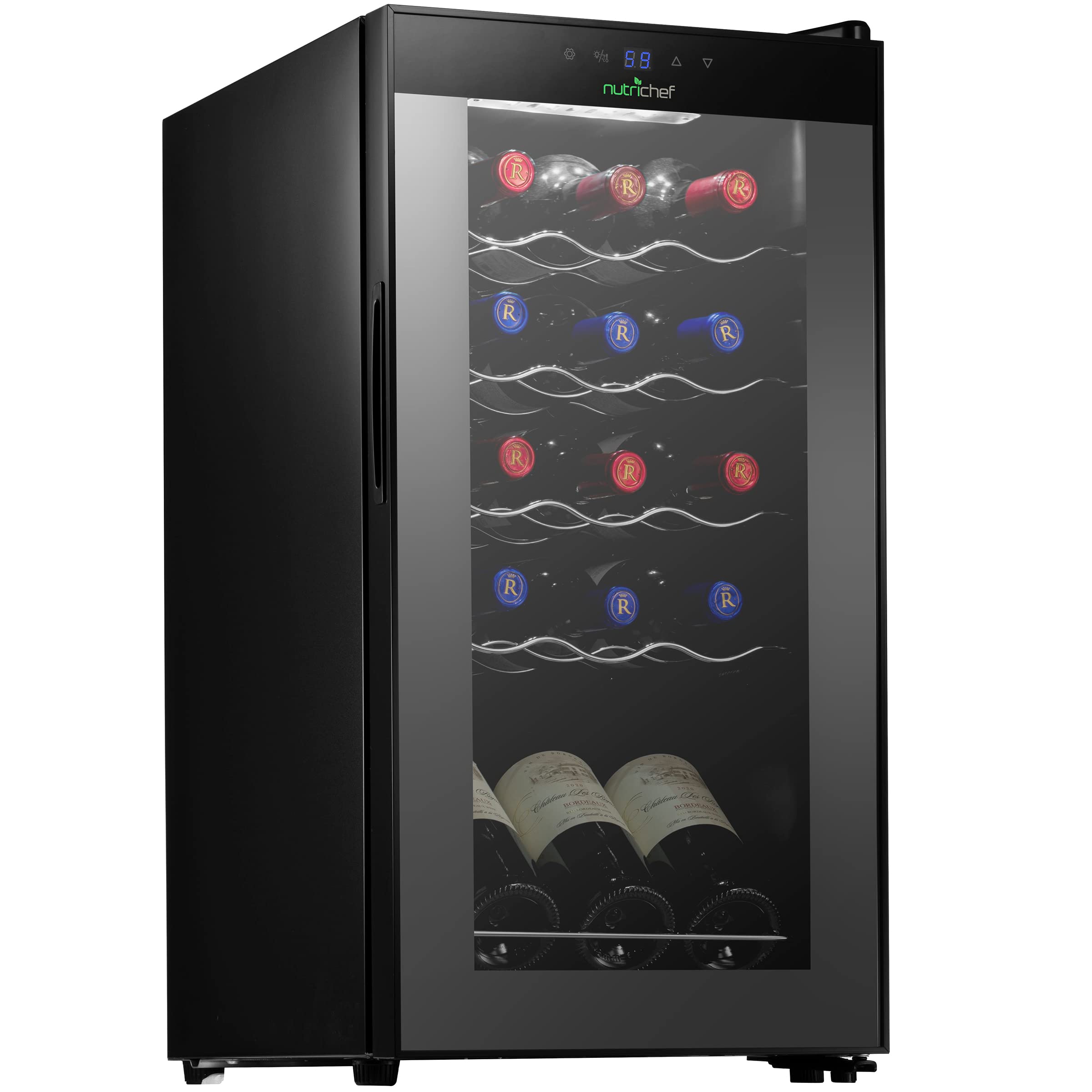 Nutrichef 12 Bottle Stainless Steel Slim Wine Fridge | Red & White Wine Chiller | Adjustable Temperature Control, Ultra Quiet Operation & Energy Efficient | Mini Wine Cooler Refrigerator | 31x10x17 IN