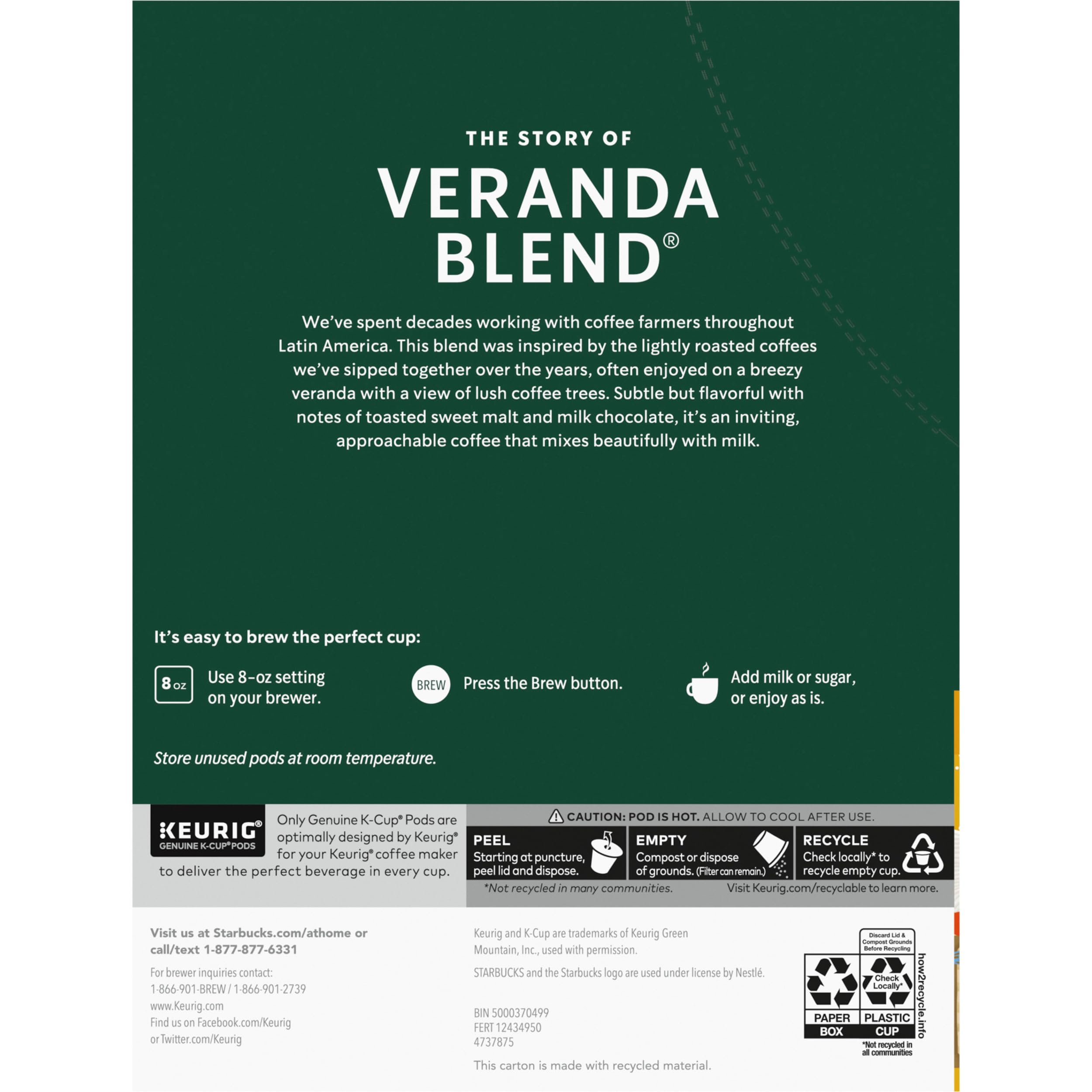 Starbucks K-Cup Coffee Pods, Starbucks Blonde Roast Hot or Iced Coffee, Veranda Blend, 96 Keurig Pods