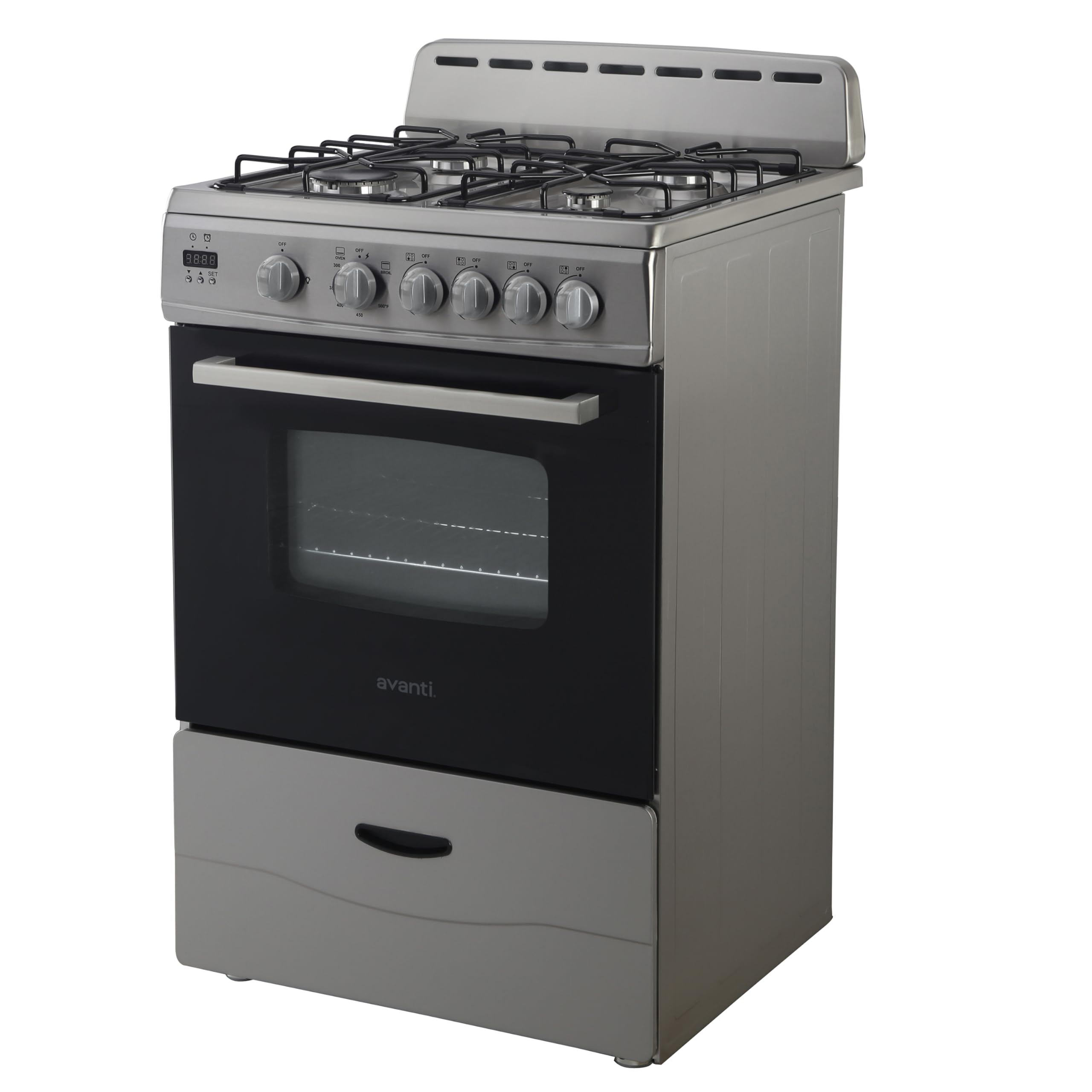 Avanti Compact Gas Range Oven 24-Inch with 4 Sealed Burners Automatic Electronic Ignition Large 2.6 cu.ft. Oven Storage Drawer Glass Door and Oven Light, in Stainless Steel