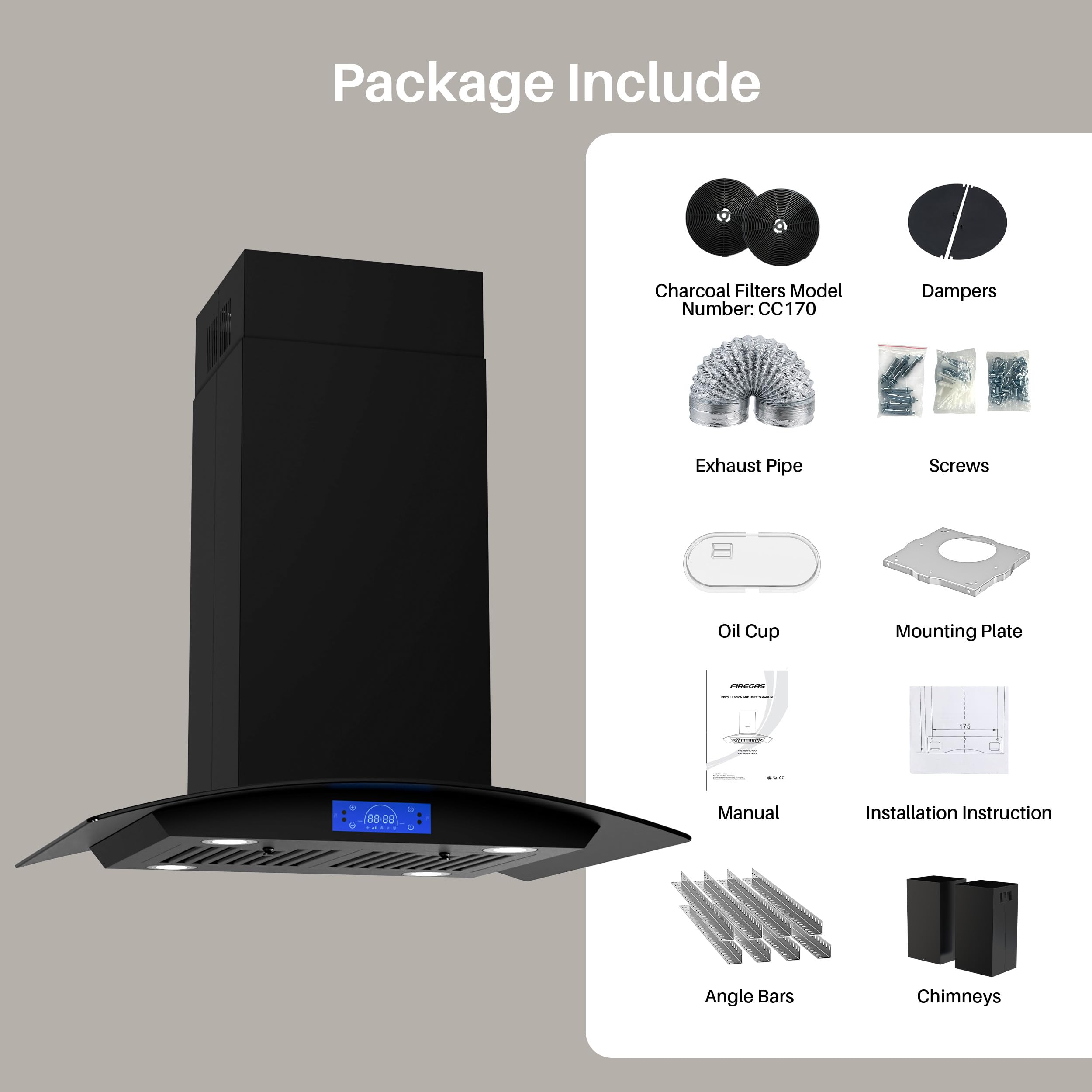 FIREGAS Island Range Hood 30 inch 700 CFM with Chimney, Ceiling Mount Kitchen Vent Hood with Tempered Glass, 4 LED Lights, Permanent Filters, Premium Touch Control Panel, Includes Charcoal Filter
