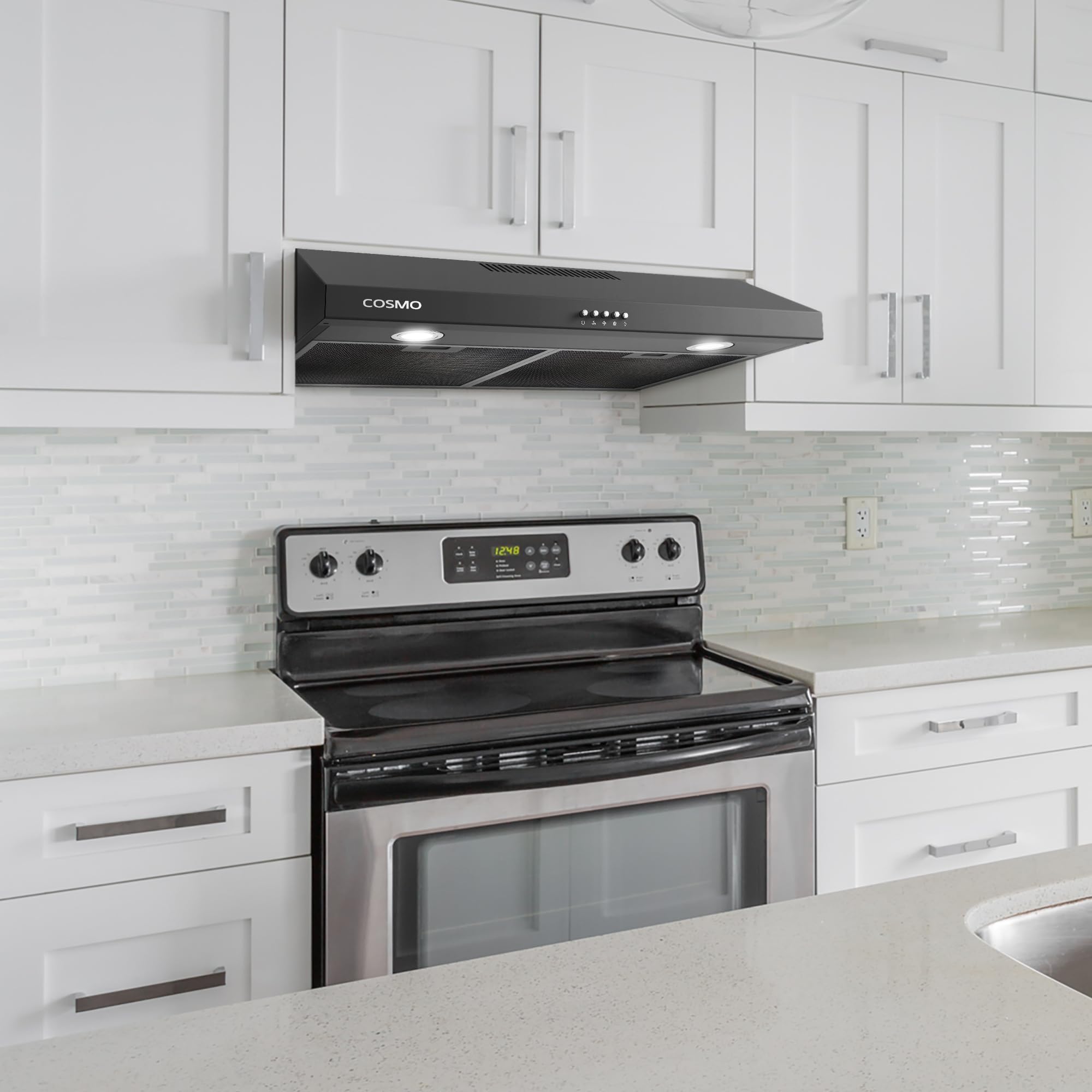 COSMO COS-5MU30 30 in. Delta Collection Ducted Under Cabinet Range Hood, Button Controls, Reusable Filters, LED Lights, Stainless Steel