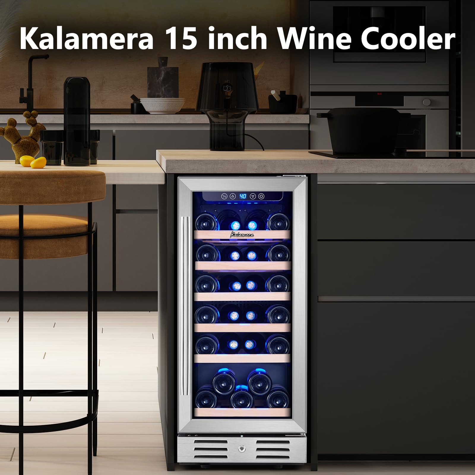 Kalamera 24 inch Wine Cooler, 37 Bottle - Dual Zone Built-in or Freestanding Fridge with Stainless Steel Reversible Glass Door, for Home, Kitchen or Office