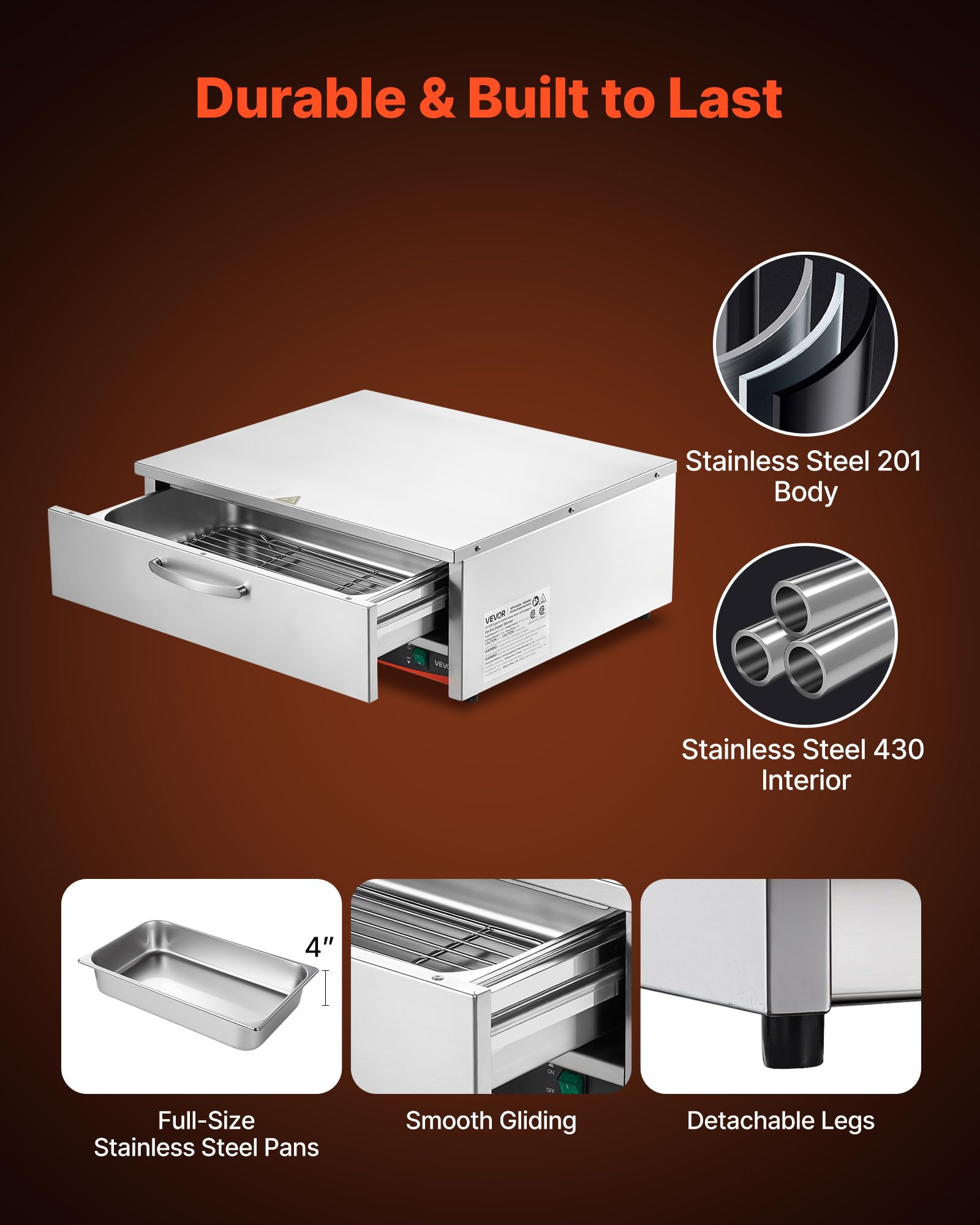 VEVOR Commercial Electric Drawer Warmer, Single-Drawer Stainless Steel Food Warmer, Freestanding Slim Warming Drawer Cabinet, 85°F–185°F Wide Temperature Range, for Restaurant, Hotel, Bakery & Kitchen