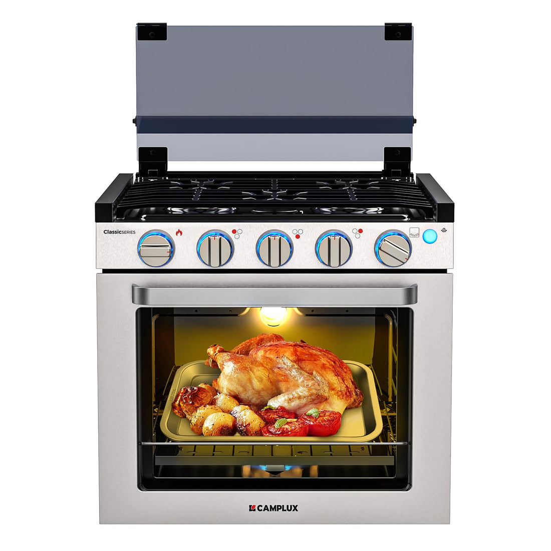 CAMPLUX Classic RV Stove Propane Range 21 Inches, Propane Oven with 3 Burners Cooktop for RV, RV Oven Stove Combo 28,100 BTU/Hr, Stainless Steel RGS21MSF