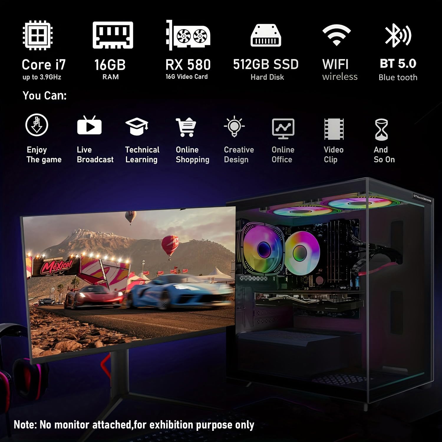 STGAubron Prebuilt Gaming PC Desktop, Radeon RX 550 4G, Intel Core i5 up to 3.6GHz, 16G RAM, 512G SSD, WiFi 6, BT 5.0, RGB Fan x2, Windows 11 Home