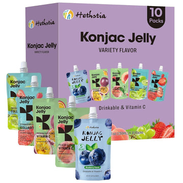Hethstia Konjac Jelly Variety Pack, 10 Pouches Drinkable Jelly– Blueberry, Peach, Passion Fruit, Green Grape, Strawberry – Low Calorie Snack with Vitamin C, Keto, Gluten-Free, On-the-Go Healthy Treat