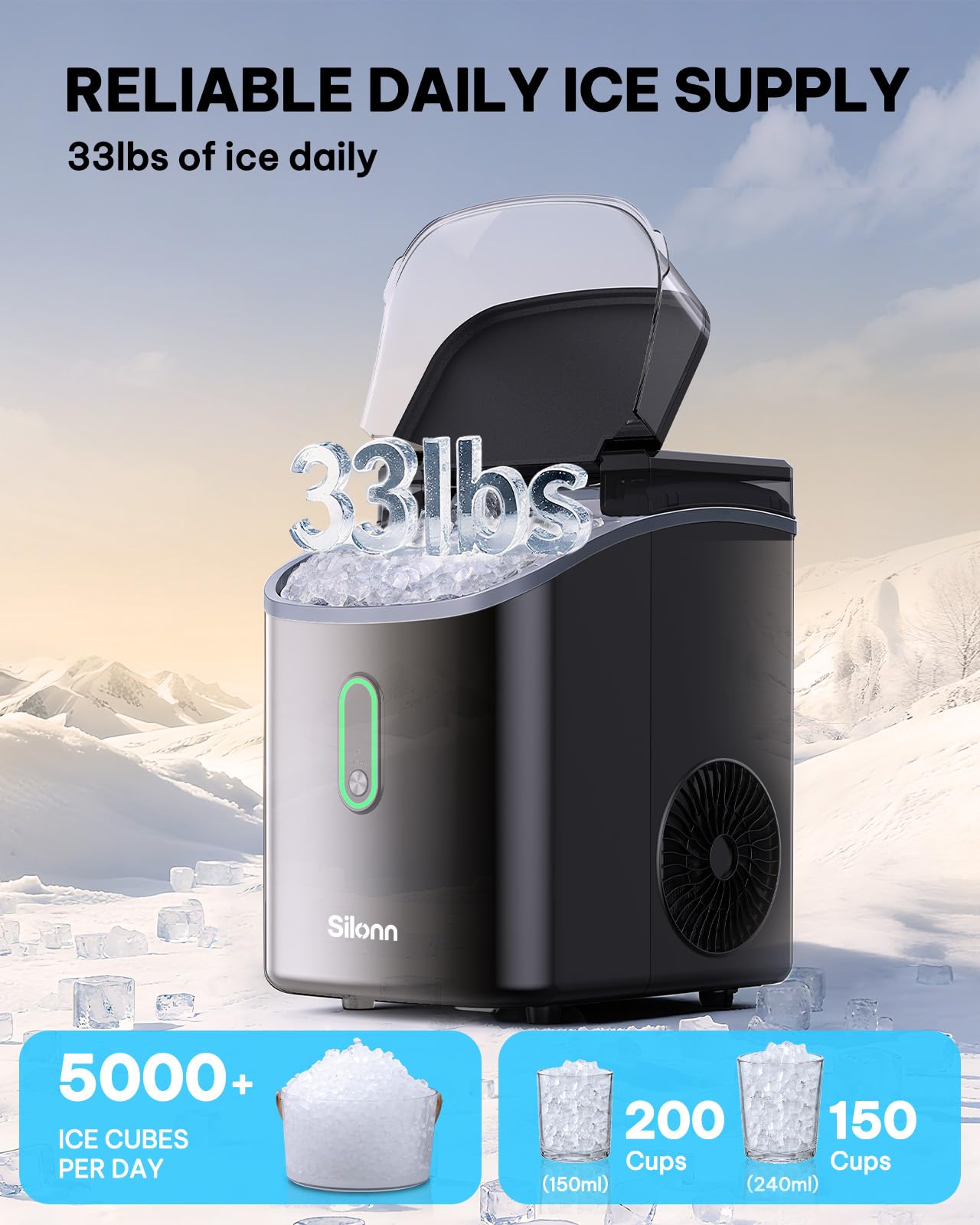 Silonn Ice Maker Countertop, Portable Ice Machine with Carry Handle, Self-Cleaning Ice Makers with Basket and Scoop, 9 Cubes in 6 Mins, 26 lbs per Day, Ideal for Home, Kitchen, Camping, RV