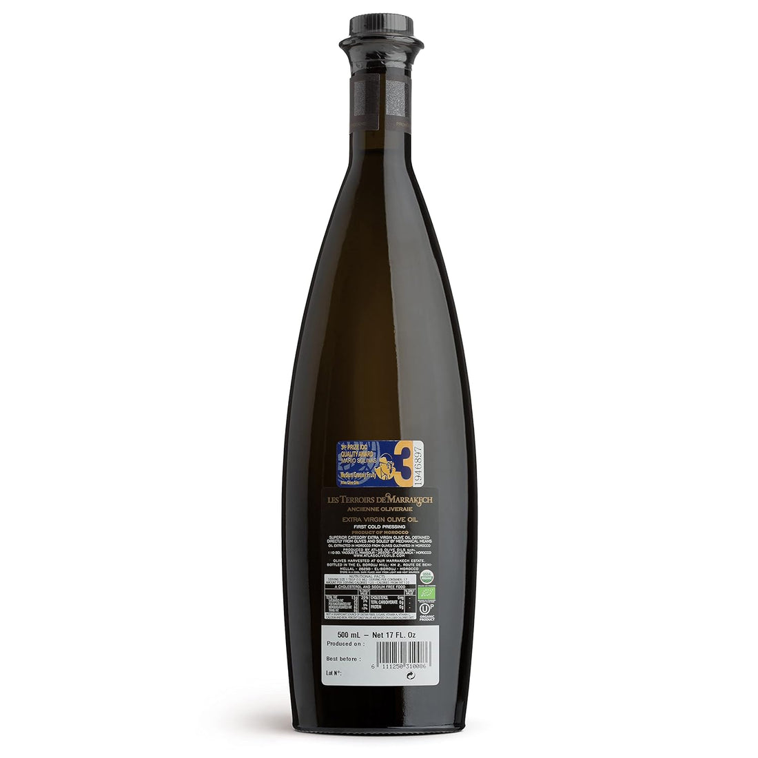 Les Terroirs De Marrakech Extra Virgin Olive Oil, Polyphenol Rich Olive Oil, Moroccan Cold Pressed EVOO Oil, Keto Organic Olive Oil, USDA Certified, Award Winning, Carbon Neutral, 17fl oz. Bottle