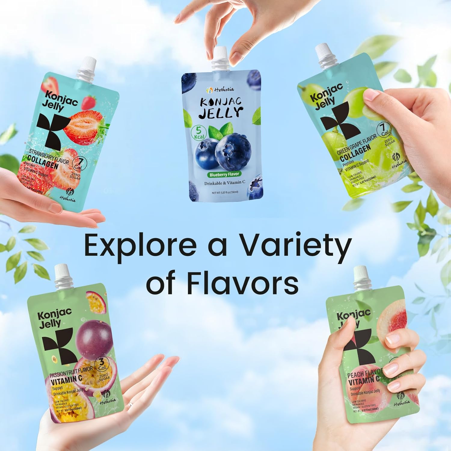 Hethstia Konjac Jelly Variety Pack, 10 Pouches Drinkable Jelly– Blueberry, Peach, Passion Fruit, Green Grape, Strawberry – Low Calorie Snack with Vitamin C, Keto, Gluten-Free, On-the-Go Healthy Treat