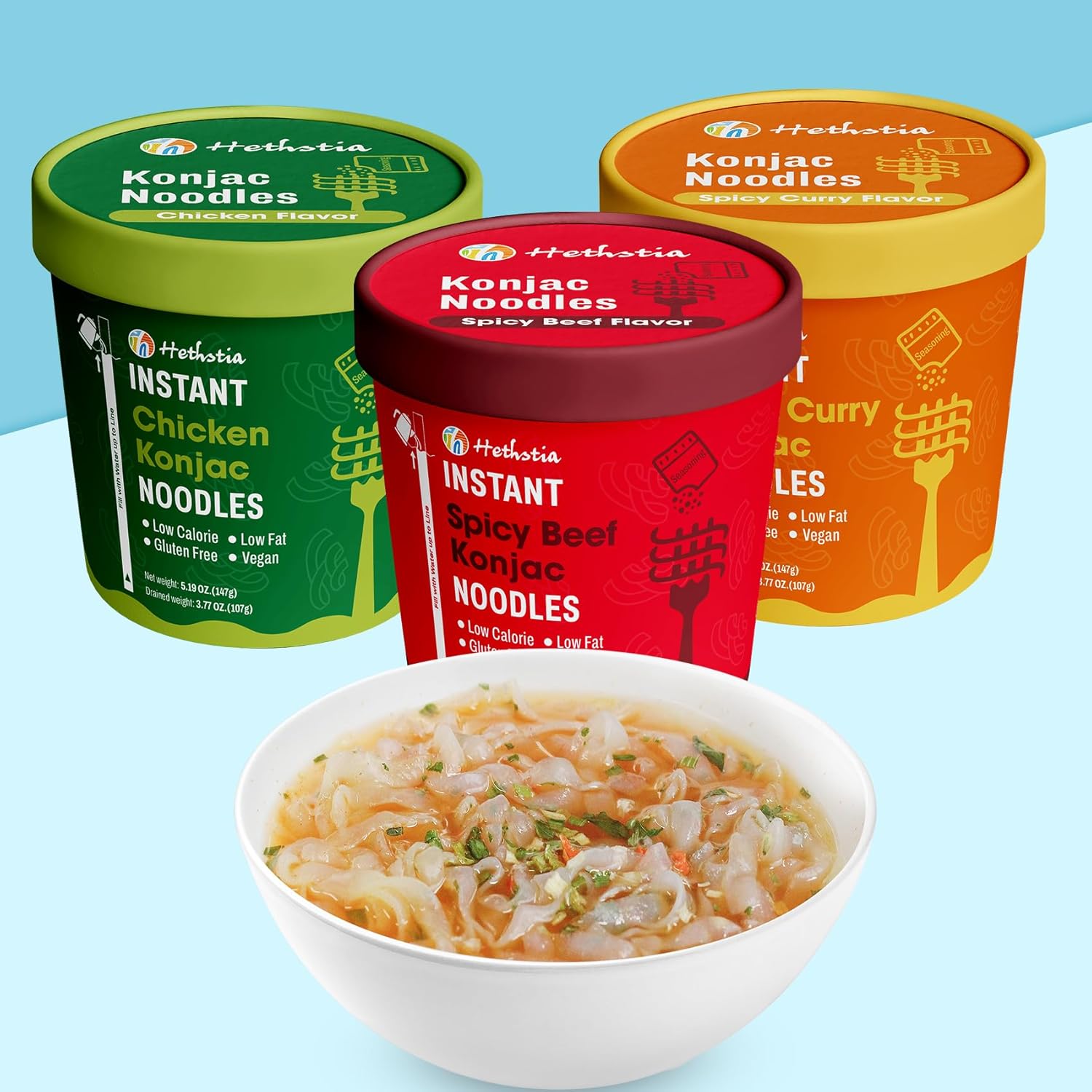 Hethstia Konjac Noodle, 6-Pack Pre-cooked Low Carb Shirataki Pho Soup Variety Flavor (Chicken, Spicy Curry, Spicy Beef)- Low-Calorie, Sugar-Free, Vegan, Gluten-Free, 34.32oz Keto-Friendly Asian Meal