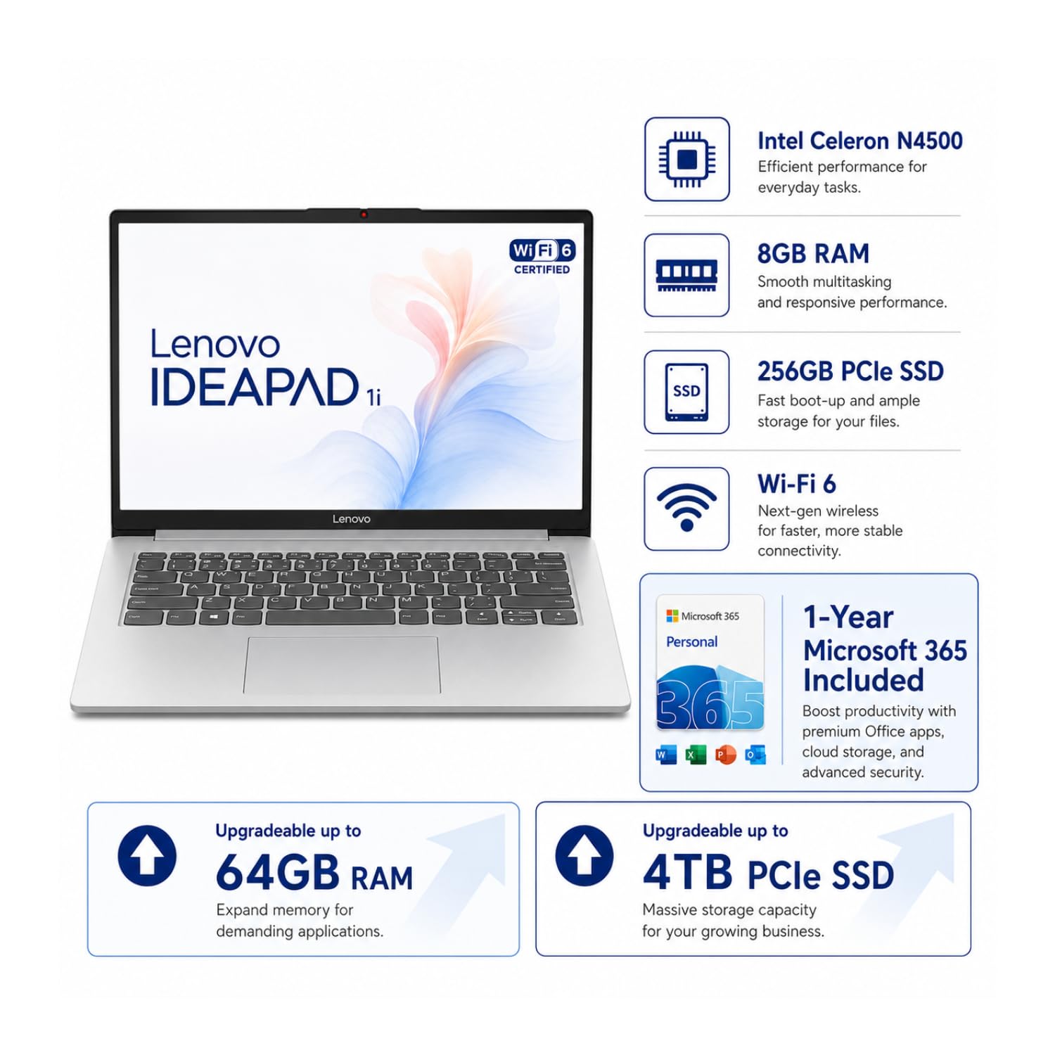 Lenovo IdeaPad Laptop with Microsoft 365 Office, 8GB RAM, 256GB SSD, 11 Hour Battery, Intel High Performance CPU, SD-Card Reader, Webcam, USB-C, HDMI,Ultra-Quiet Design, Windows 11