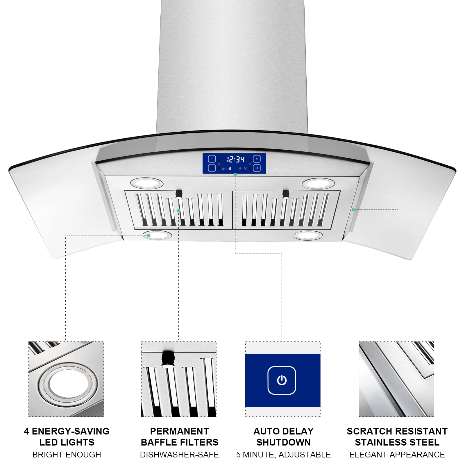 JOEAONZ Island Range Hood 30 Inch 700 CFM Gesture & Touch Control Ceiling Mount Stainless Steel Kitchen Vent Hood, Kitchen Exhaust Hood, Ducted/Ductless Convertible 3-speed Ventilation Fan Switchable