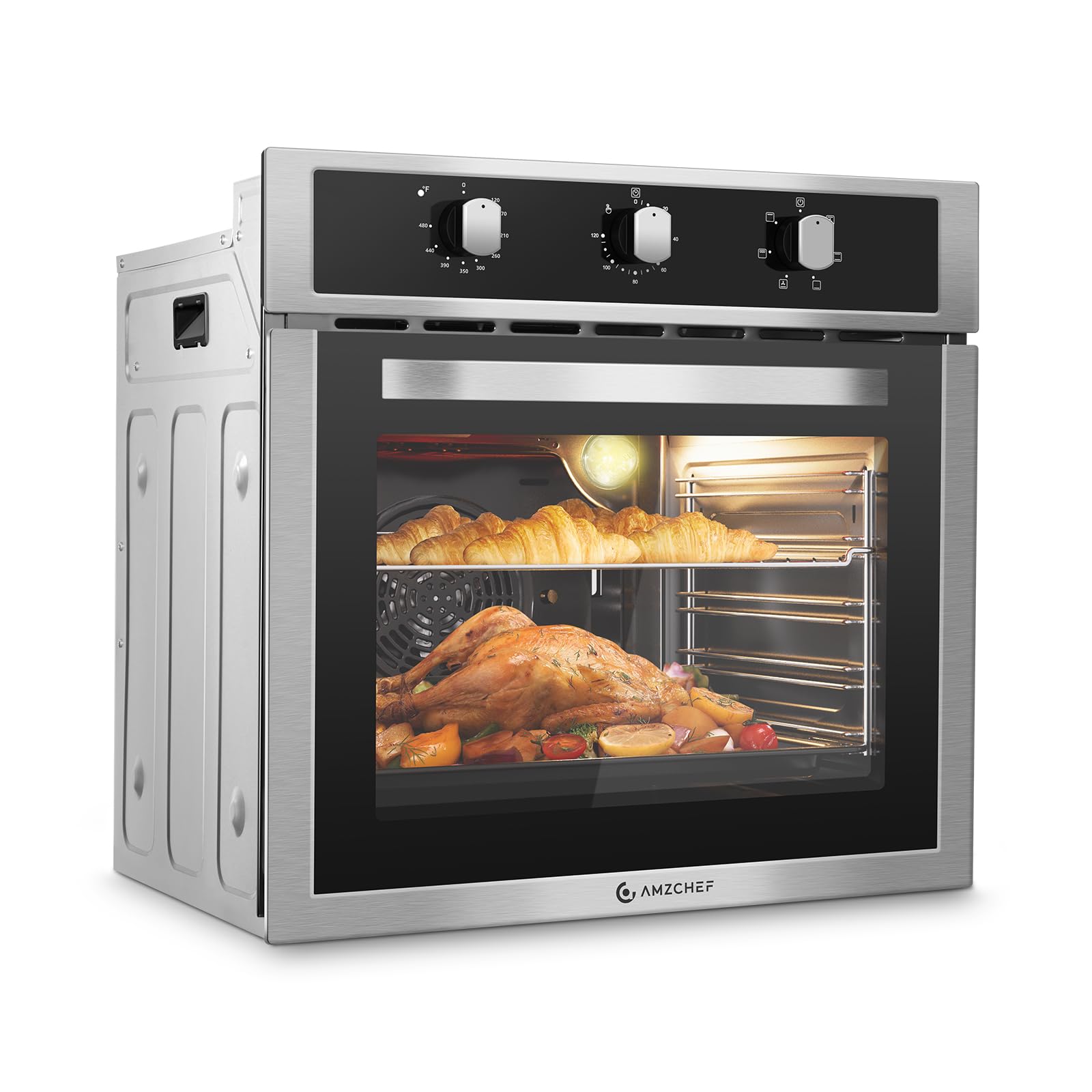 24" Single Wall Oven for Kitchen: 2200W Built-in Electric Wall Oven with Mechanical Knobs Control, 2.65 Cu.ft. Stainless Steel Wall Oven with 5 Cooking Modes, 360° ROTATING ROTISSERIE, Timer