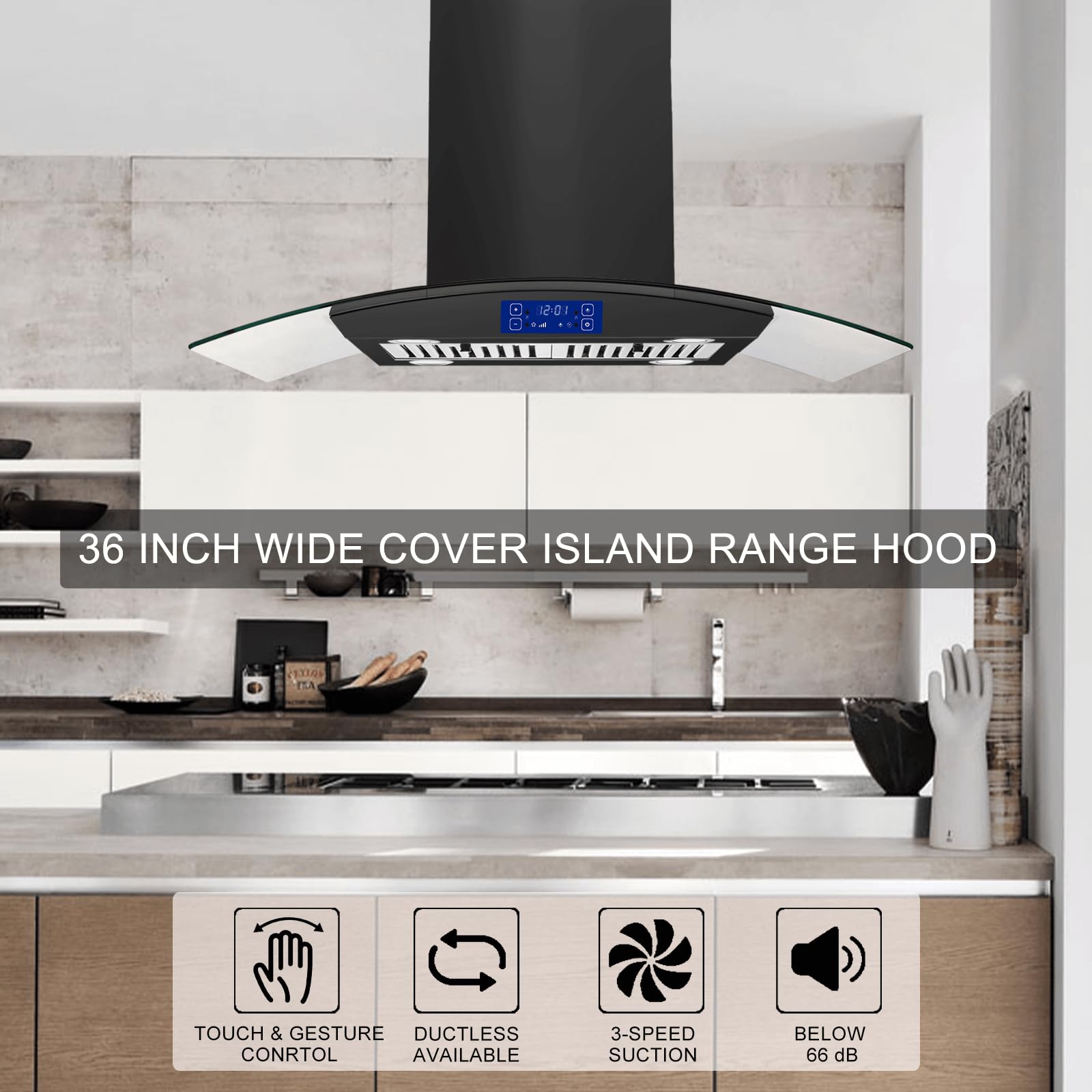 JOEAONZ Island Range Hood 30 Inch 700 CFM Gesture & Touch Control Ceiling Mount Stainless Steel Kitchen Vent Hood, Kitchen Exhaust Hood, Ducted/Ductless Convertible 3-speed Ventilation Fan Switchable