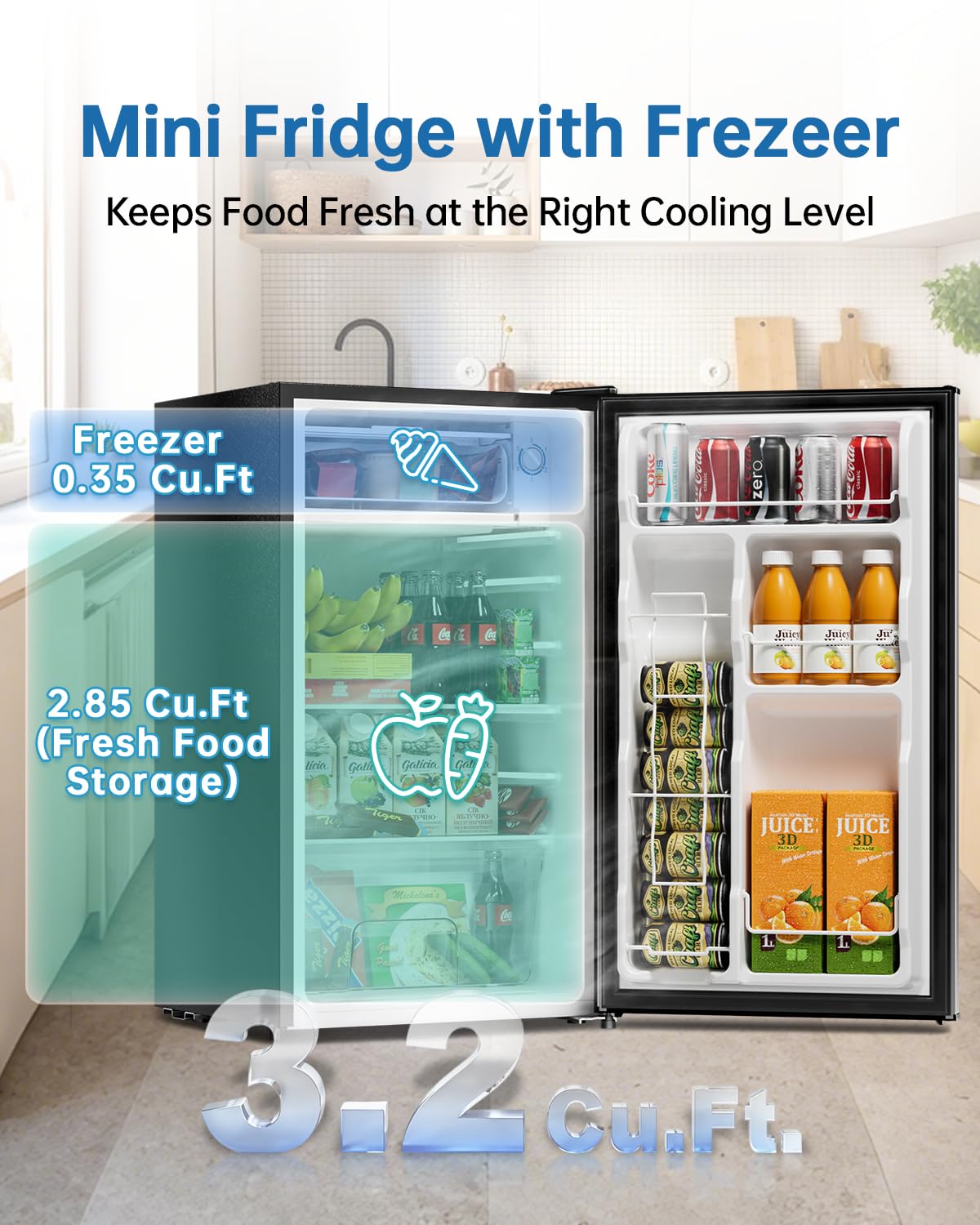 Frostorm 3.2 Cu Ft Mini Fridge with Freezer - Energy Efficient, Large Capacity Single Door Upright Freezer for Bedroom, Office & Dorm | Small Fridge, Reversible Door, ETL Certified(Black)