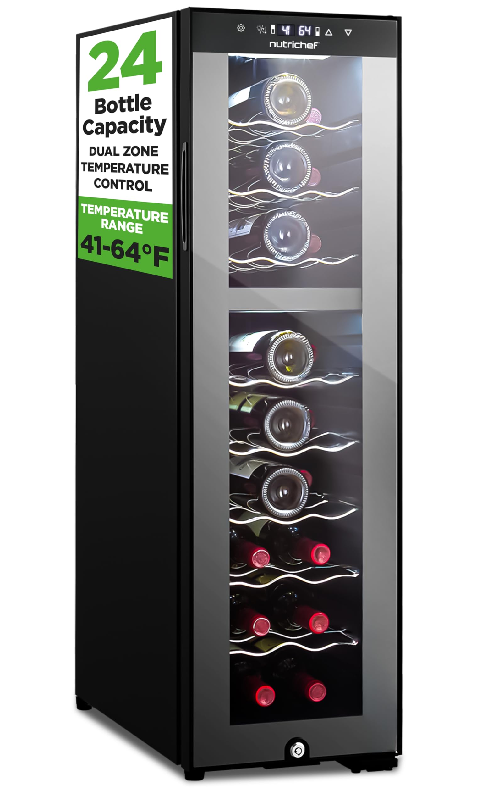 Nutrichef 12 Bottle Stainless Steel Slim Wine Fridge | Red & White Wine Chiller | Adjustable Temperature Control, Ultra Quiet Operation & Energy Efficient | Mini Wine Cooler Refrigerator | 31x10x17 IN