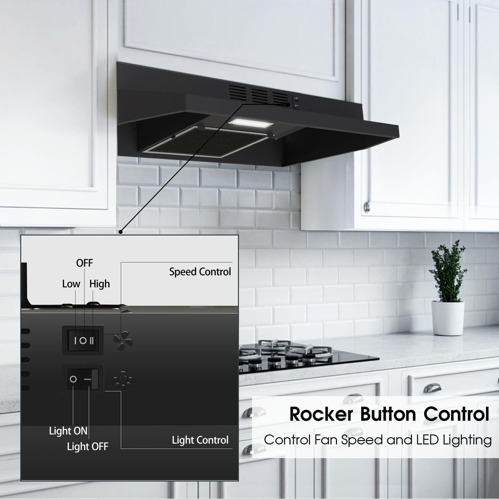 Range Hood 30 inch Under Cabinet, Stainless Steel Kitchen Vent Hood 280CFM, Built-in Kitchen Stove Hood w/Rocker Button Control, Ducted/Ductless Convertible Duct, 2 Speeds Fan, Bright LED Light