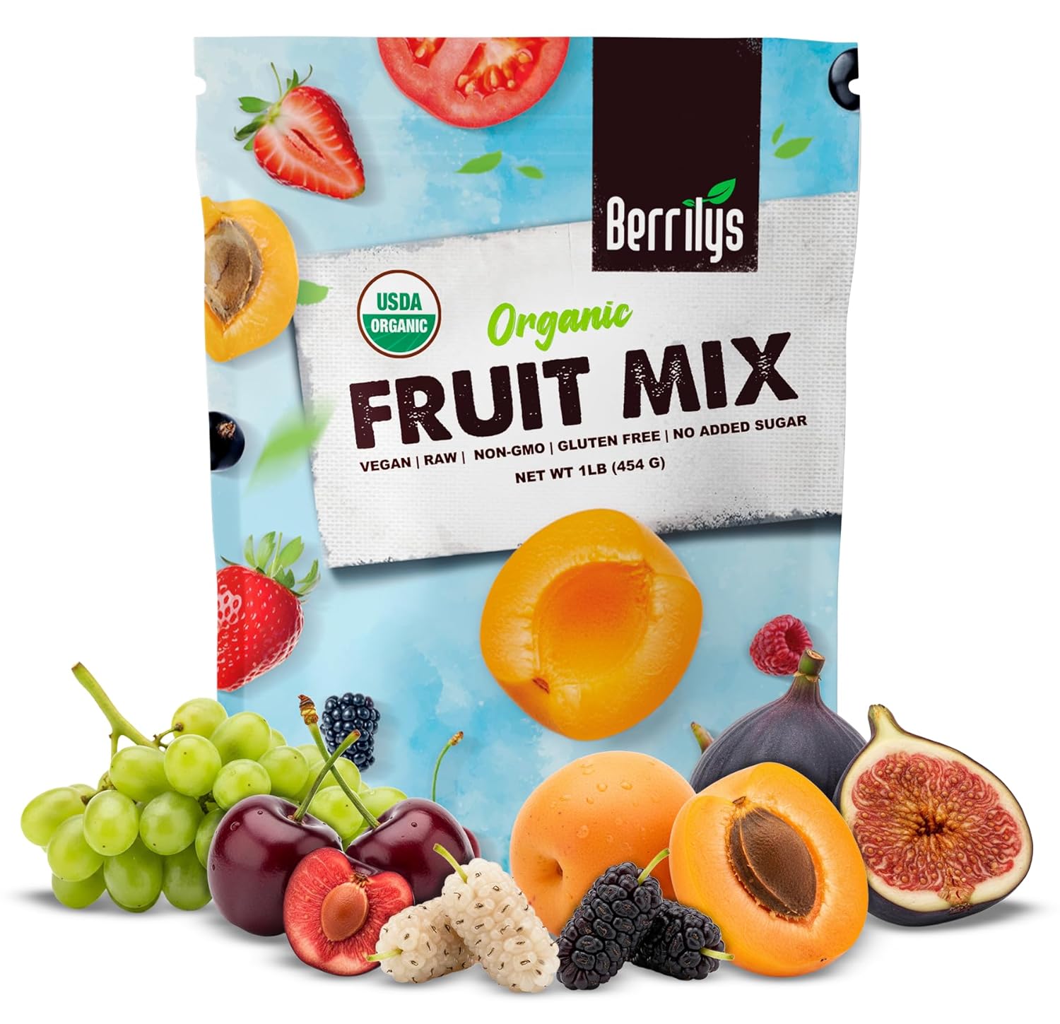 Berrilys Dried Fruit Mix, 2 Lbs, Organic, Diced Figs, Diced Apricots, White Mulberries, Sultanas, Sour Cherries, No Sugar Added, Trail Mix for Baking and Snacking