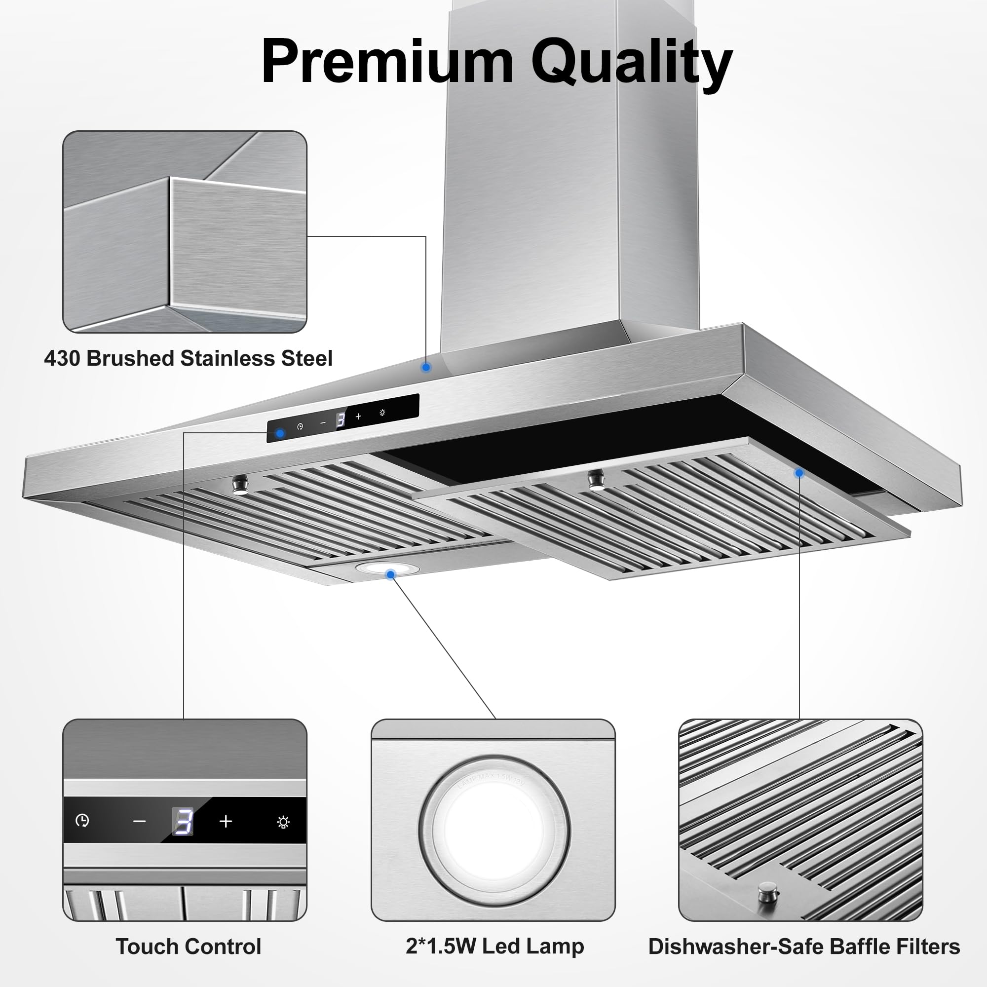 Tieasy Wall Mount Range Hood 30 inch with Ducted/Ductless Convertible Duct, Stainless Steel Chimney-Style Over Stove Vent Hood with LED Light, 3 Speed Exhaust Fan, 450 CFM