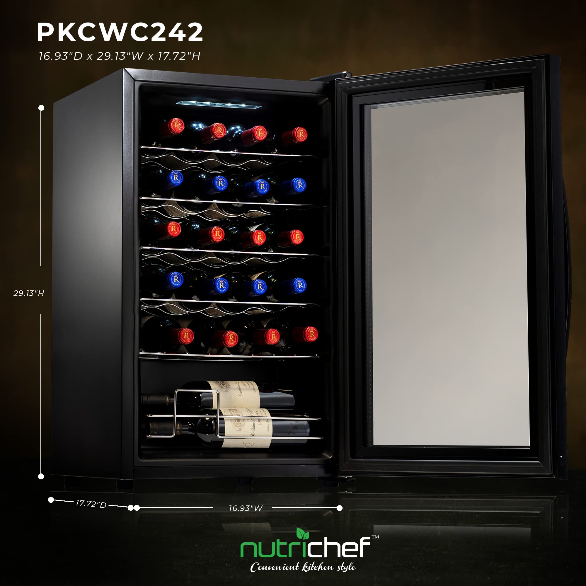 Nutrichef 12 Bottle Stainless Steel Slim Wine Fridge | Red & White Wine Chiller | Adjustable Temperature Control, Ultra Quiet Operation & Energy Efficient | Mini Wine Cooler Refrigerator | 31x10x17 IN