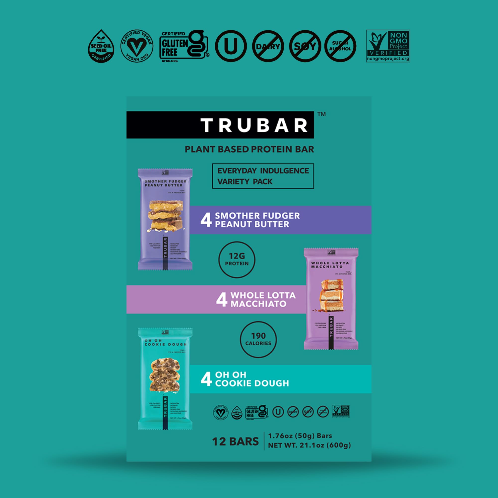 TRUBAR Vegan Protein Bars - Soy Free, Dairy Free, Gluten Free Protein Bars - No Sugar Alcohols - Non-GMO - 12g of Protein - It's Mint To Be Chip - 12 Count