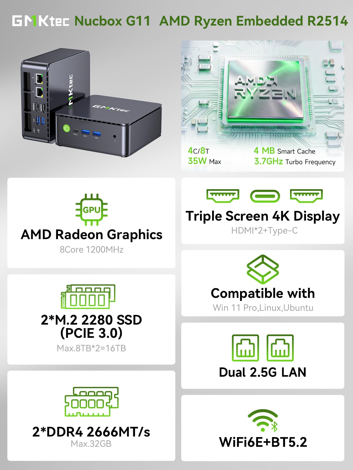 GMKtec Mini PC, G3 PRO Intel Core i3-10110U (Beats 4300U/N150), 16GB DDR4 RAM (Dual Channel) 512GB Storage Drive, Desktop Computer 4K Dual HDMI/USB3.2/WiFi 6/BT5.2/2.5GbE for Office, Business