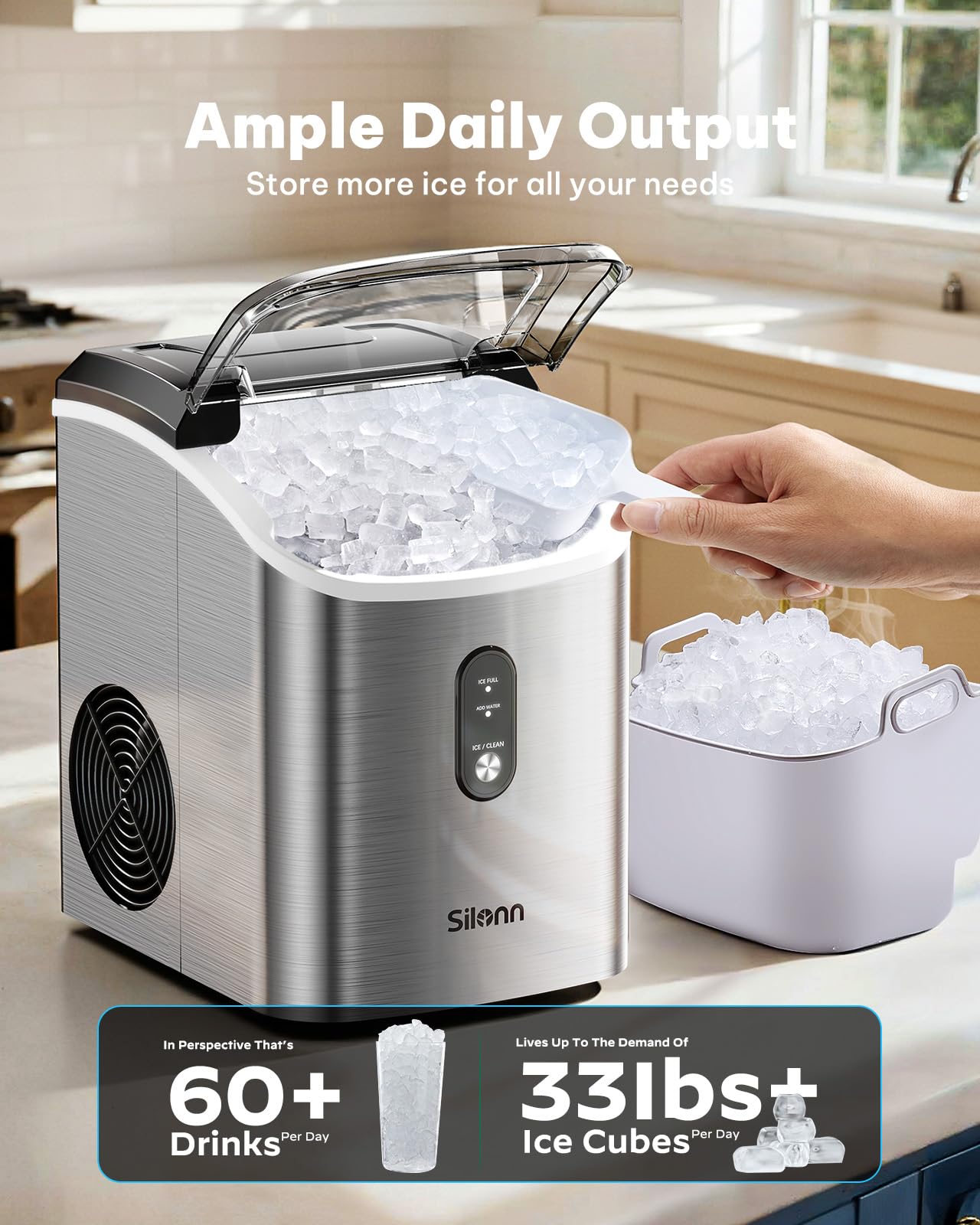Nugget Ice Maker Countertop, Silonn Chewable Pellet Ice Machine with Self-Cleanin Function, 36lbs/24H Portable Ice Makers for Home Kitchen Officce, Black