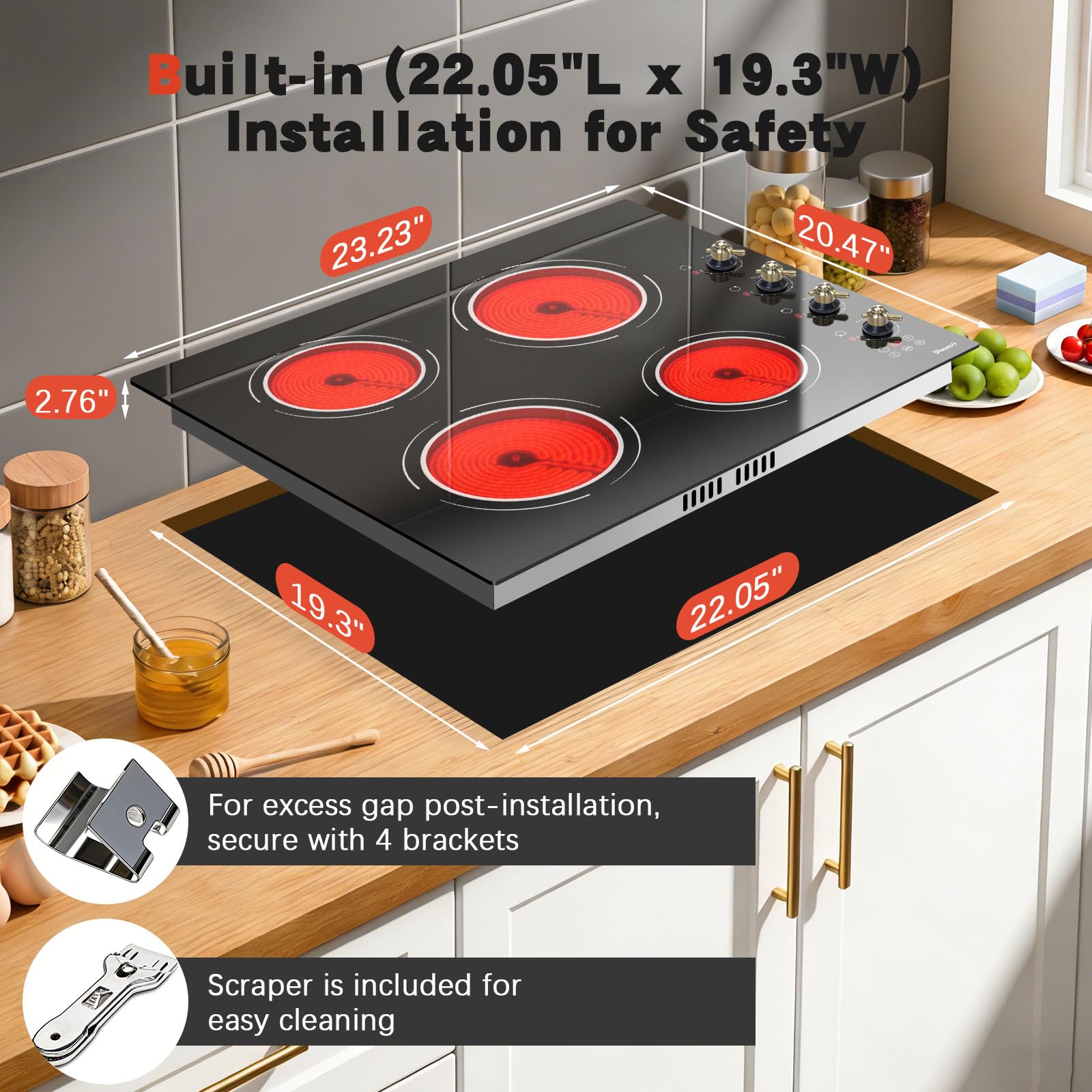 Disaenvir 29.13 Inch (Cut-out Size: 29.13"x19.3") Electric Cooktop - 30 Inch 9000W Powerful 5 Burner Electric Stovetop, Built-in Ceramic Stove 30“, Timer, Safety Lock, Pause, 240V Hard Wired (No Plug)