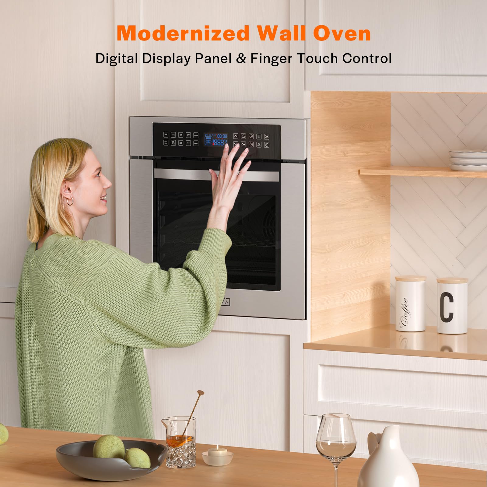 Empava 24 Inch Electric Single Wall Oven 10 Cooking Functions Deluxe 360° ROTISSERIE with Sensitive Touch Control in Stainless Steel, C02